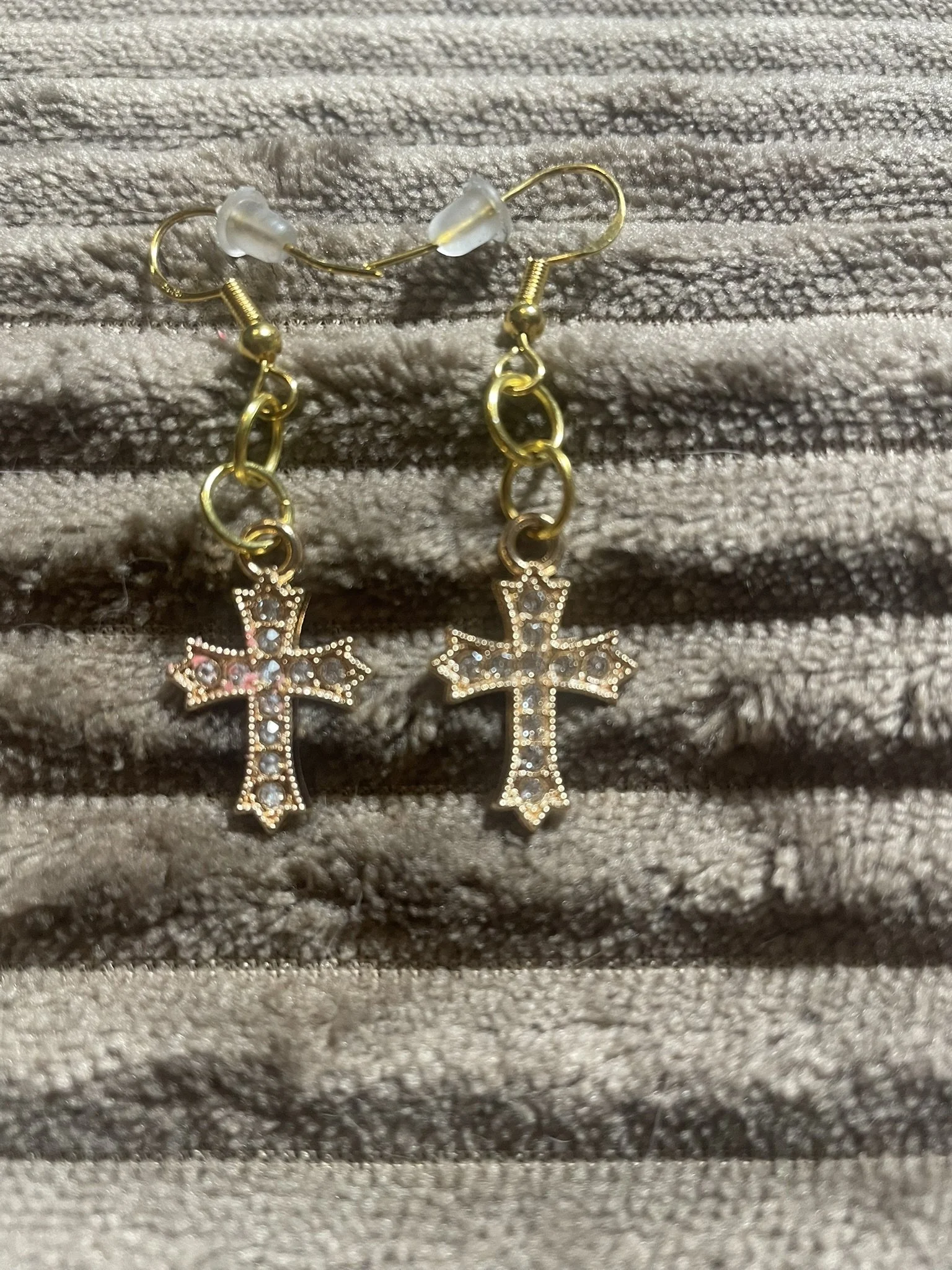 Earrings, Golden Color Cross w/Rhinestones