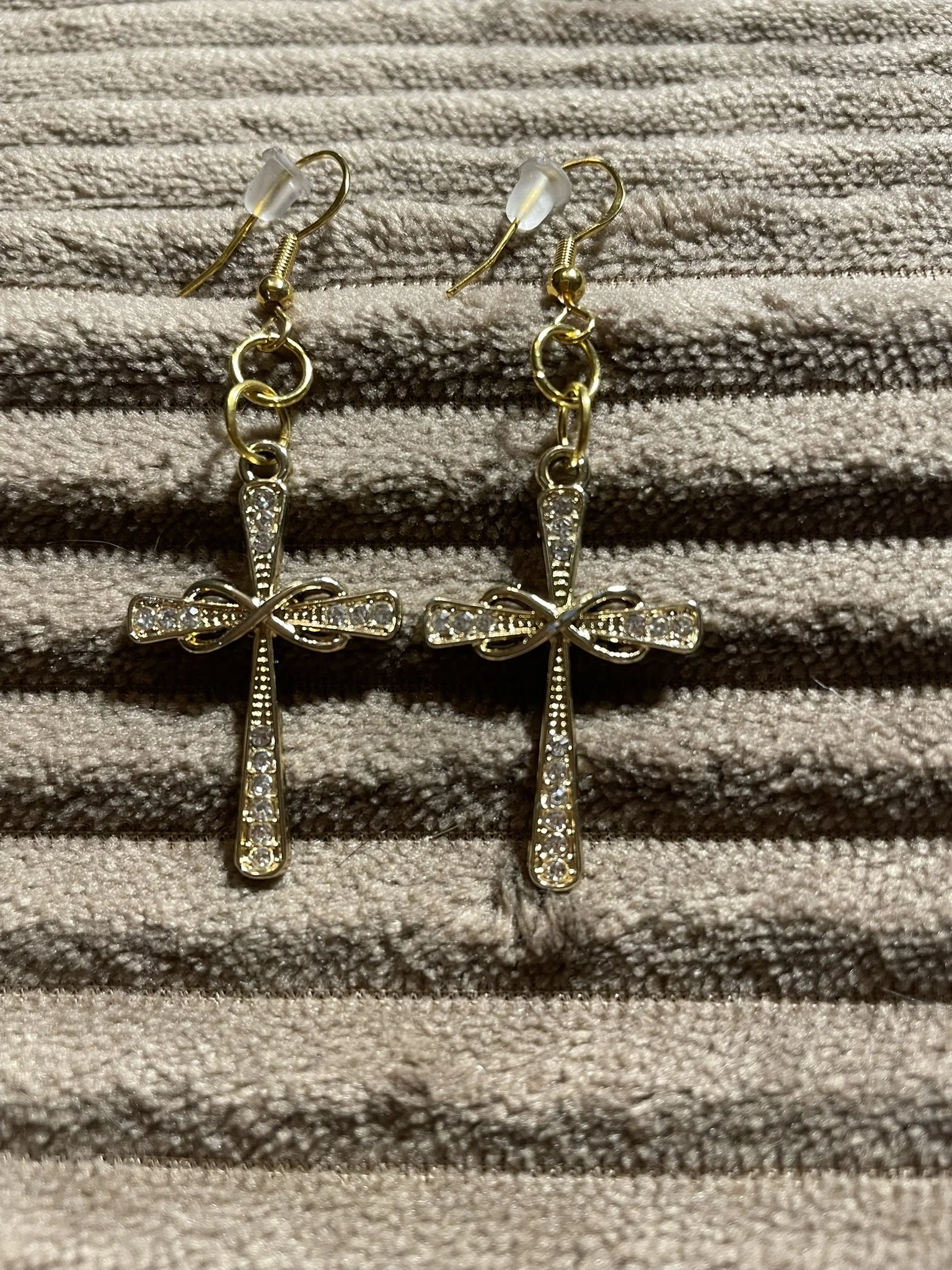 Earrings, Golden Cross w/Rhinestones