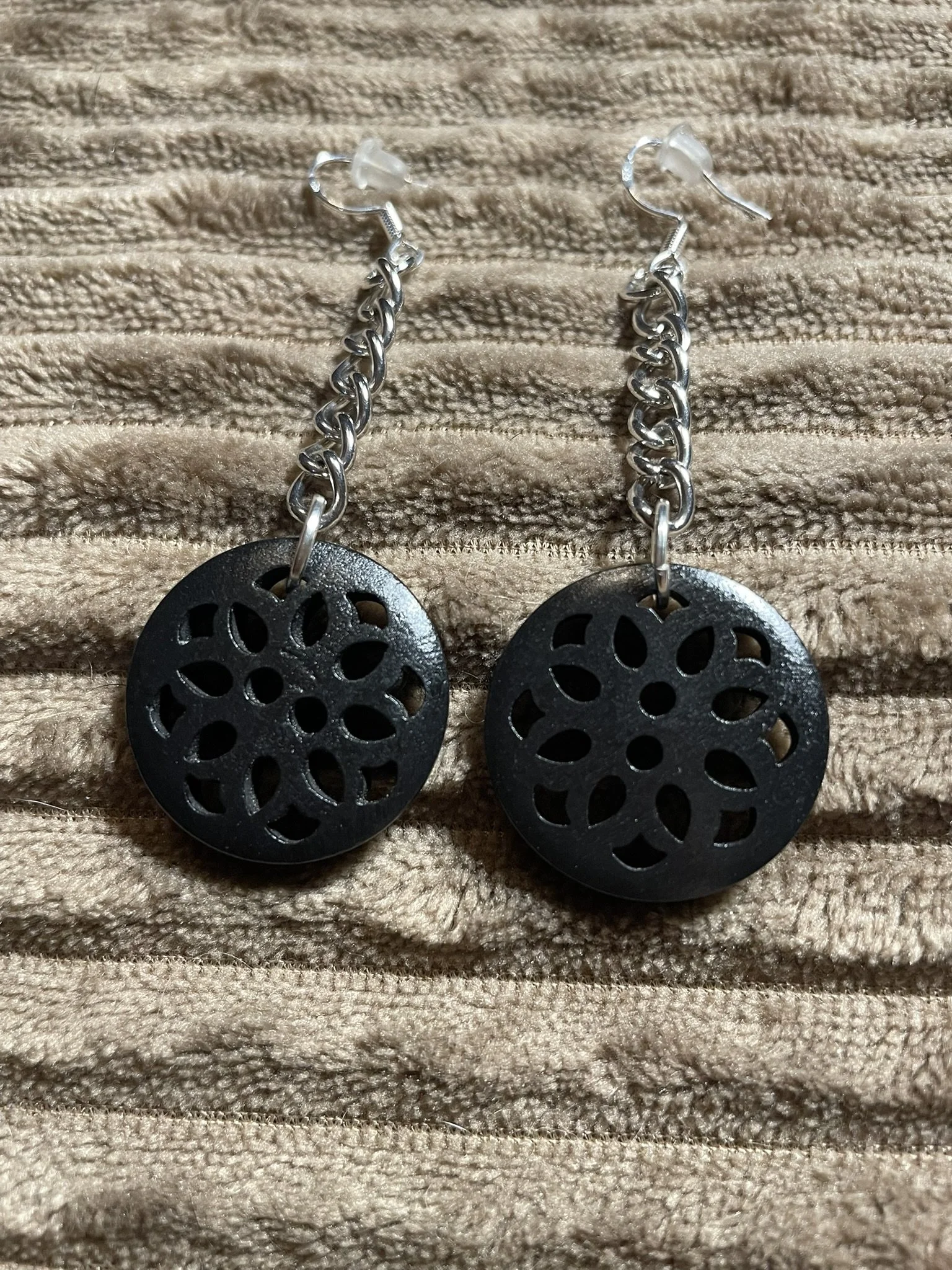Earrings, Silver-toned Chain w/Decorative Black Buttons