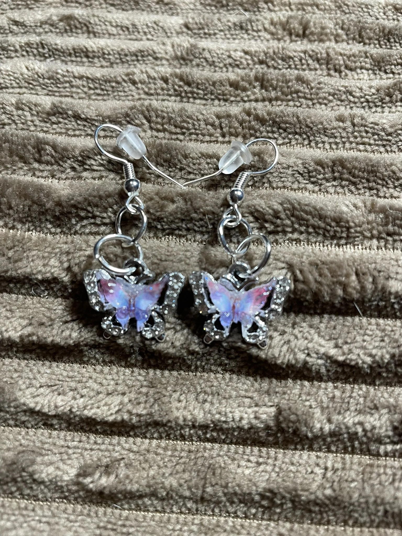 Earrings, Stunning Rhinestone Butterflies-Pink/Purple