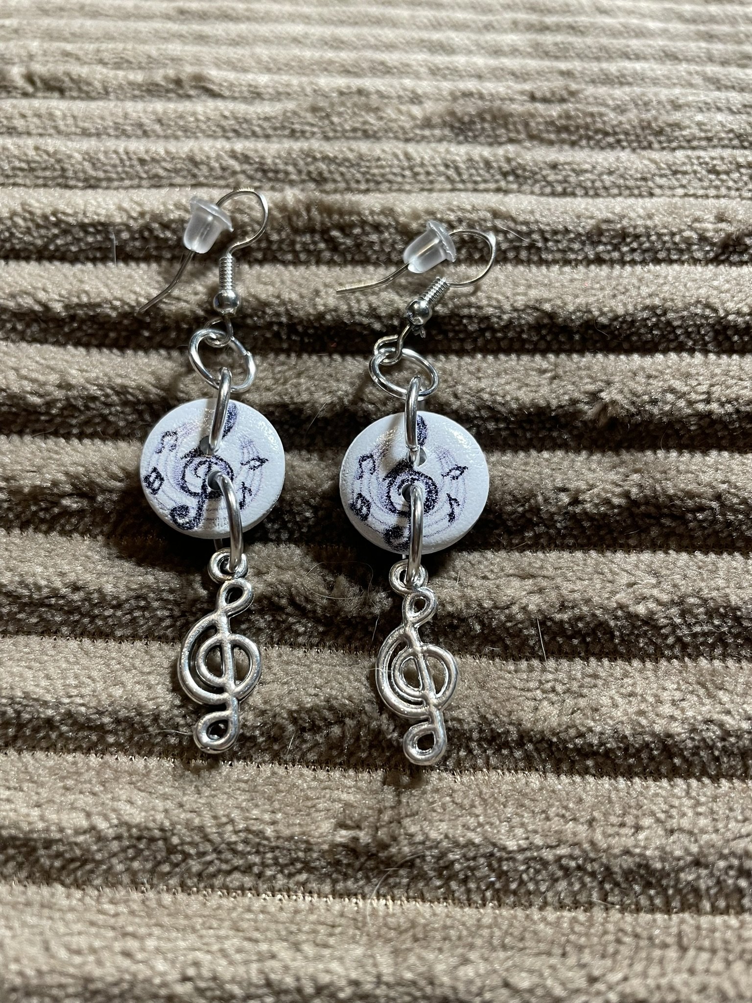 Earrings, Musical Wooden Button w/Silver Treble Clef Charm