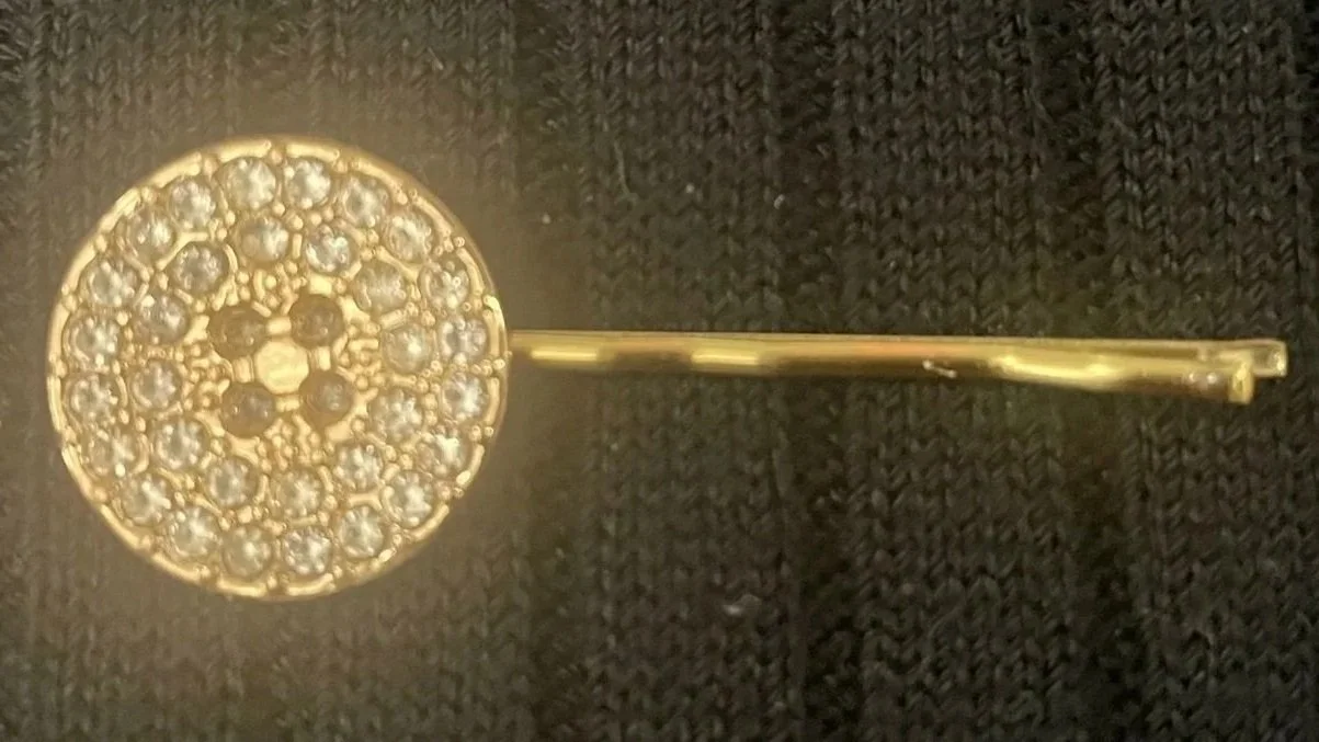 Bobby Pin, Gold-Colored Button w/Rhinestones, 2.5" Long