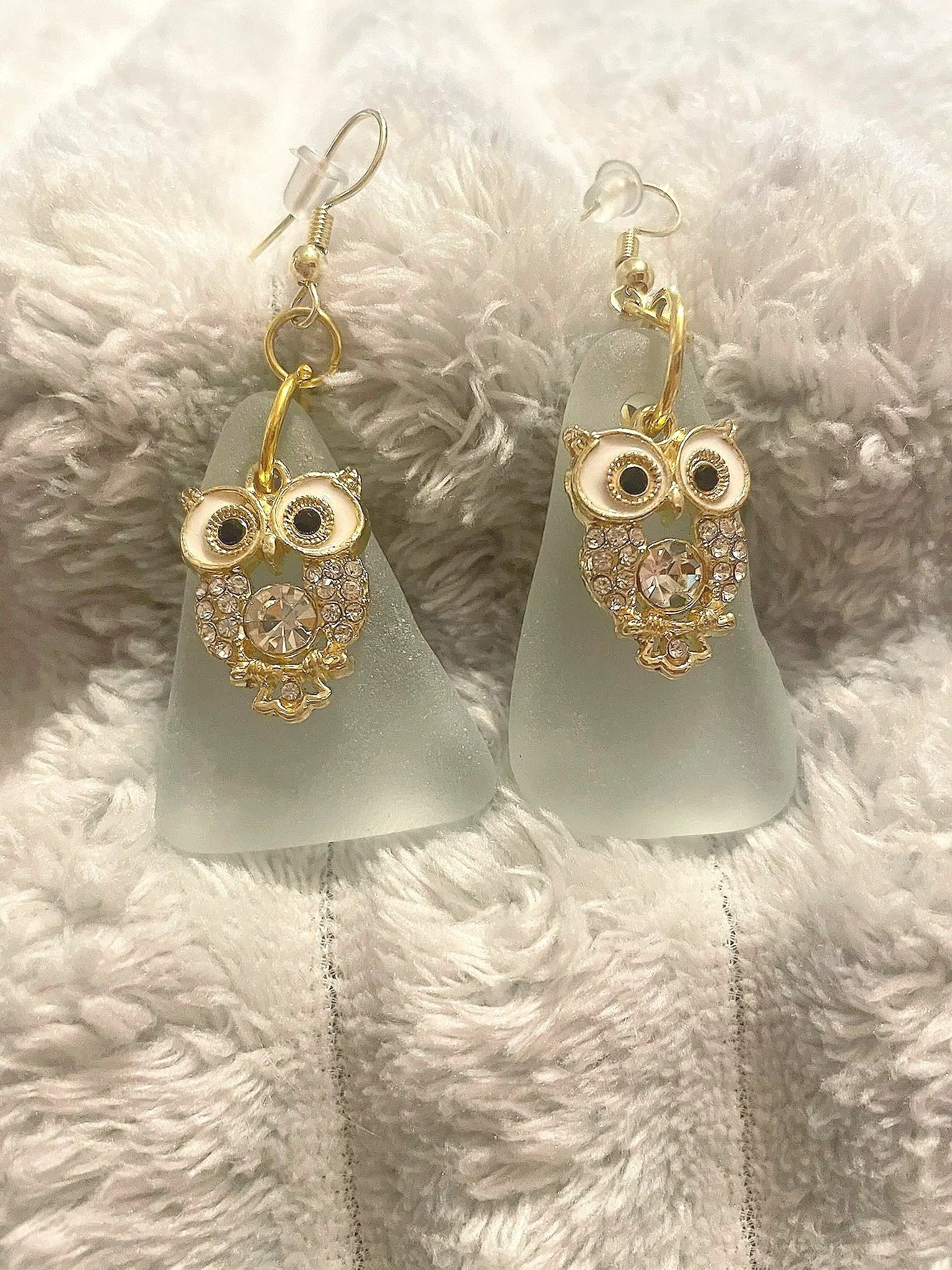 Earrings, Handcrafted, White Sea Glass w/Rhinestone Owl Charms