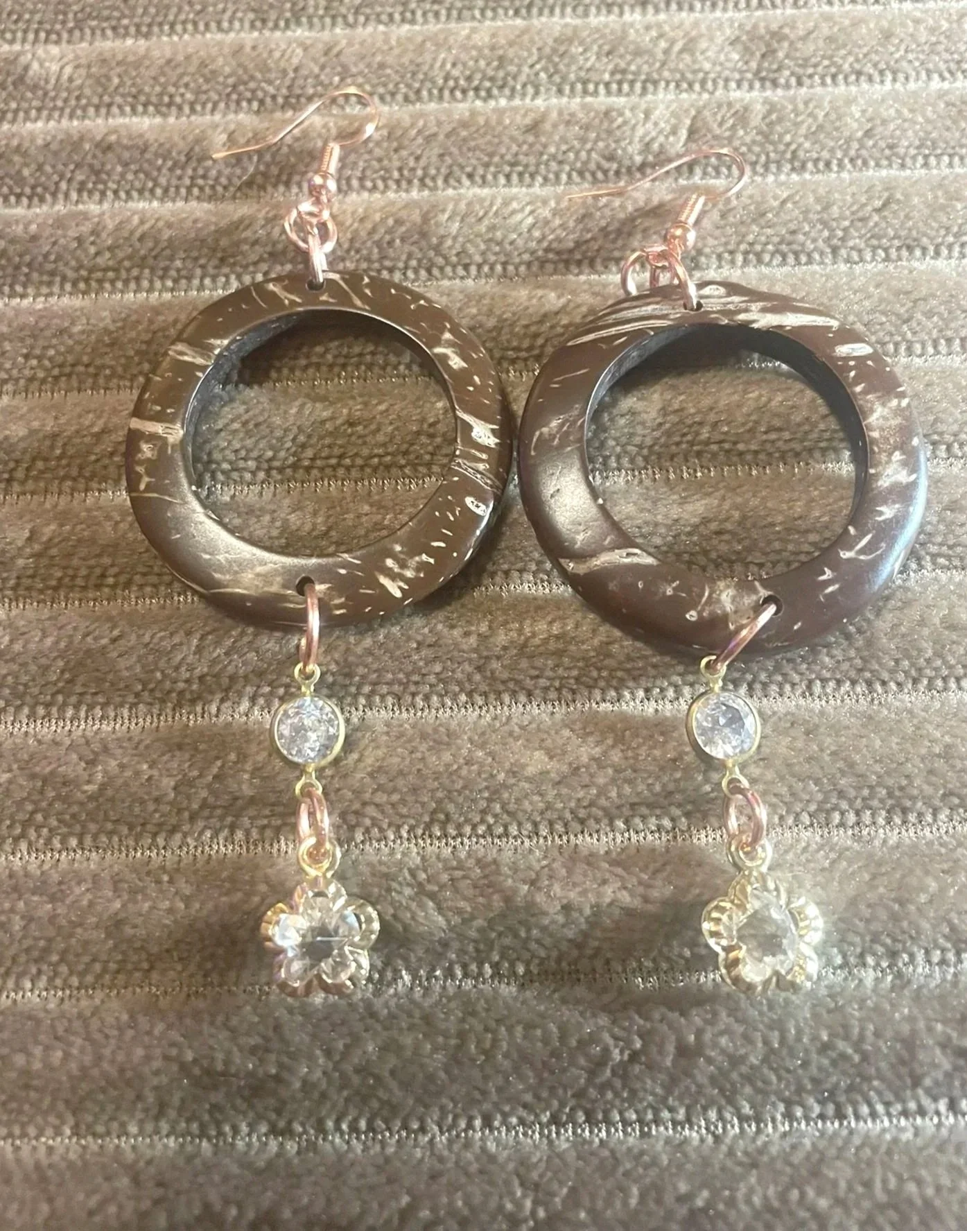 Earrings,  Coconut Shell with Sparkling Charms & Gold Hardware