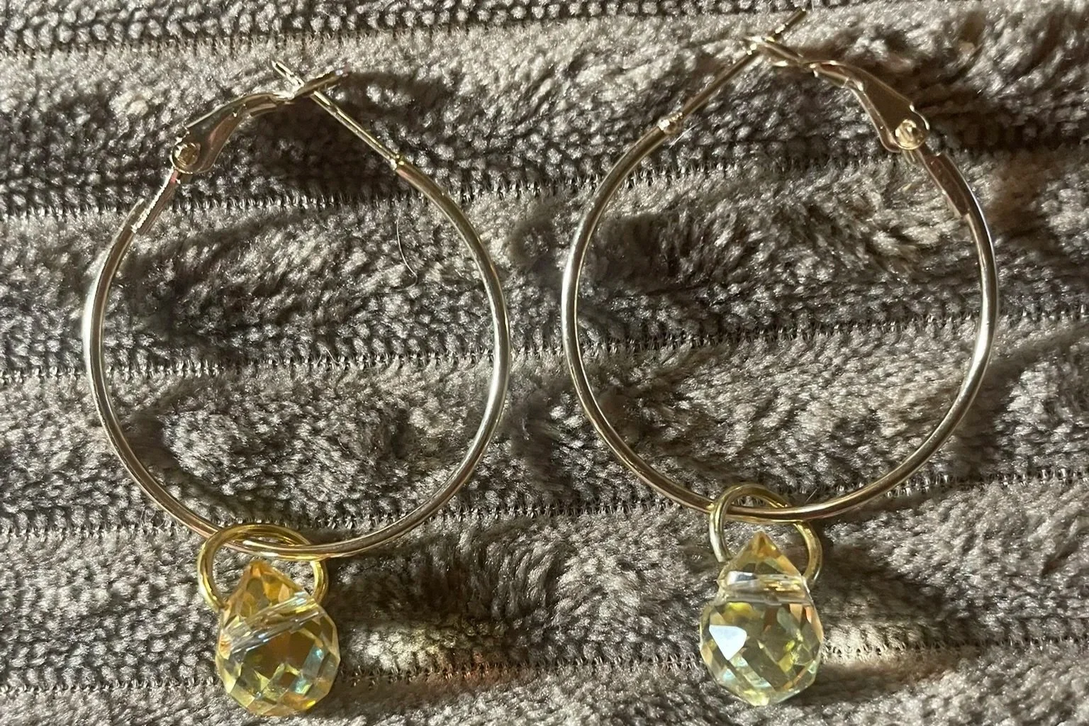 Earrings-Hoops - 30mm wide, Gold color, Teardrop yellow color crystal charm