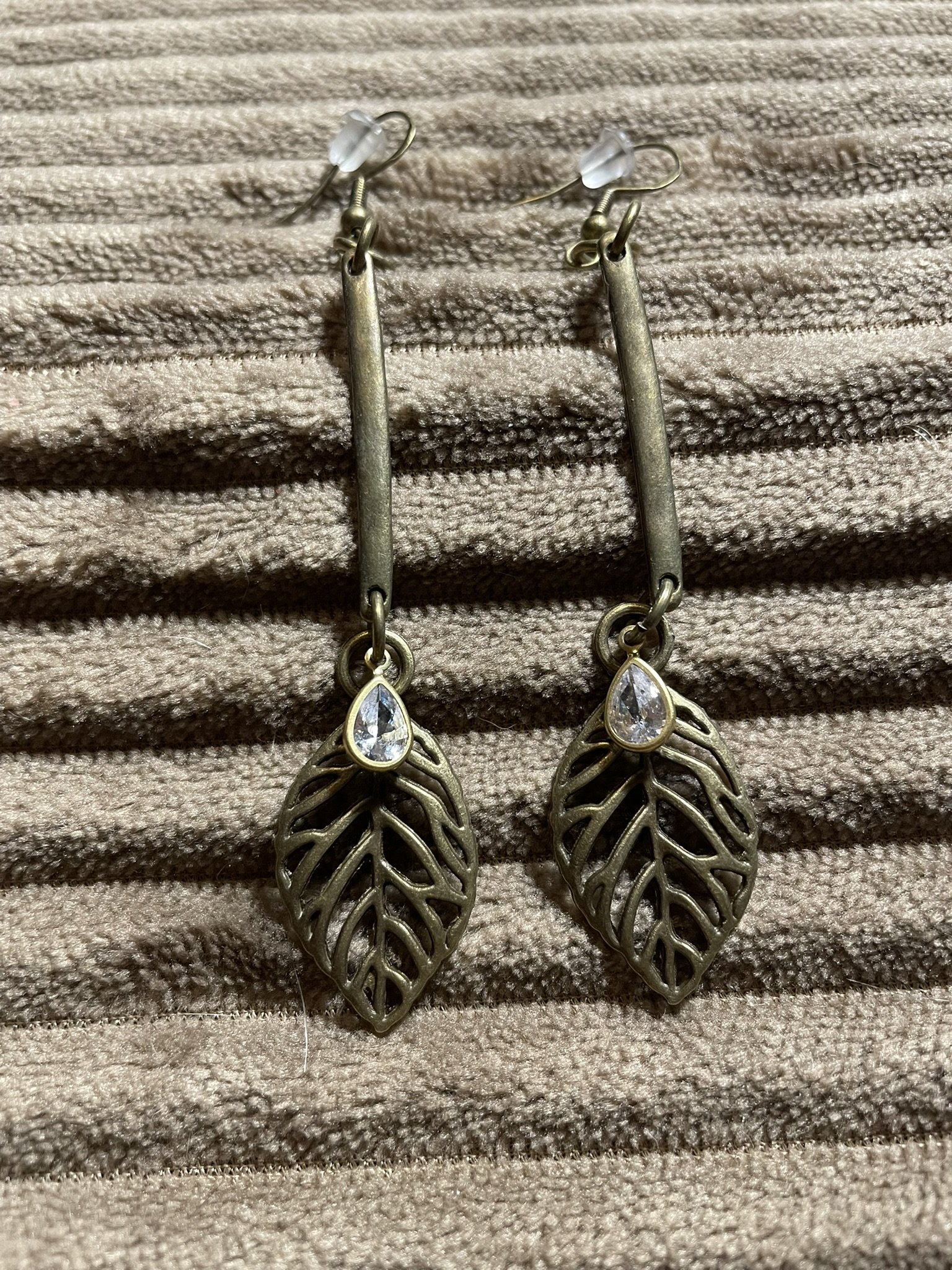 Earrings, Long Elegant w/Bronze Leaf & Decorative Jewel
