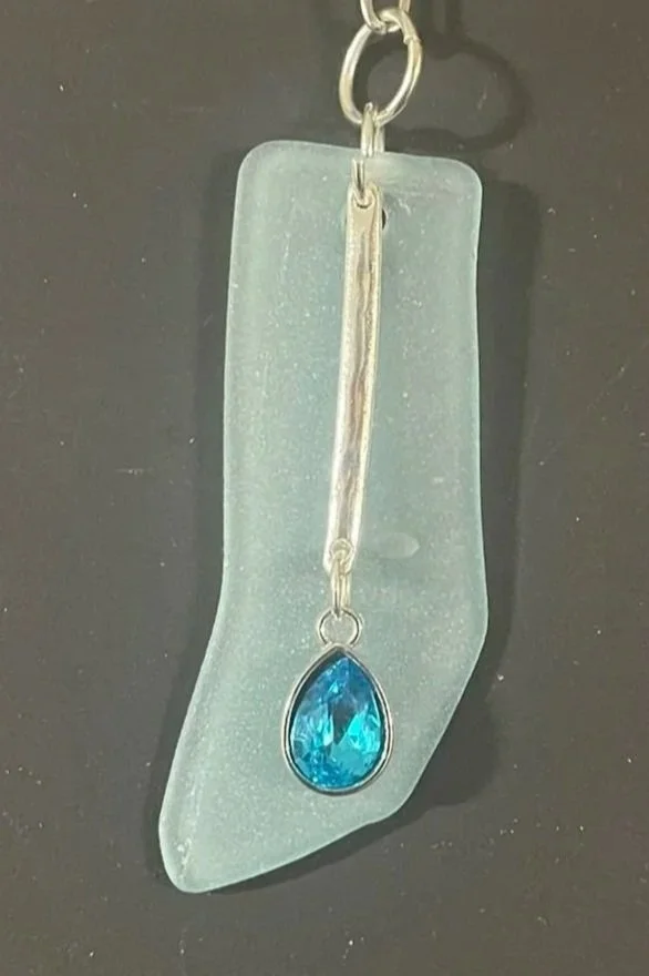 Necklace, Handcrafted Tumbled Blue Mason Jar Glass Pendant with Silver/Blue&Green Charms