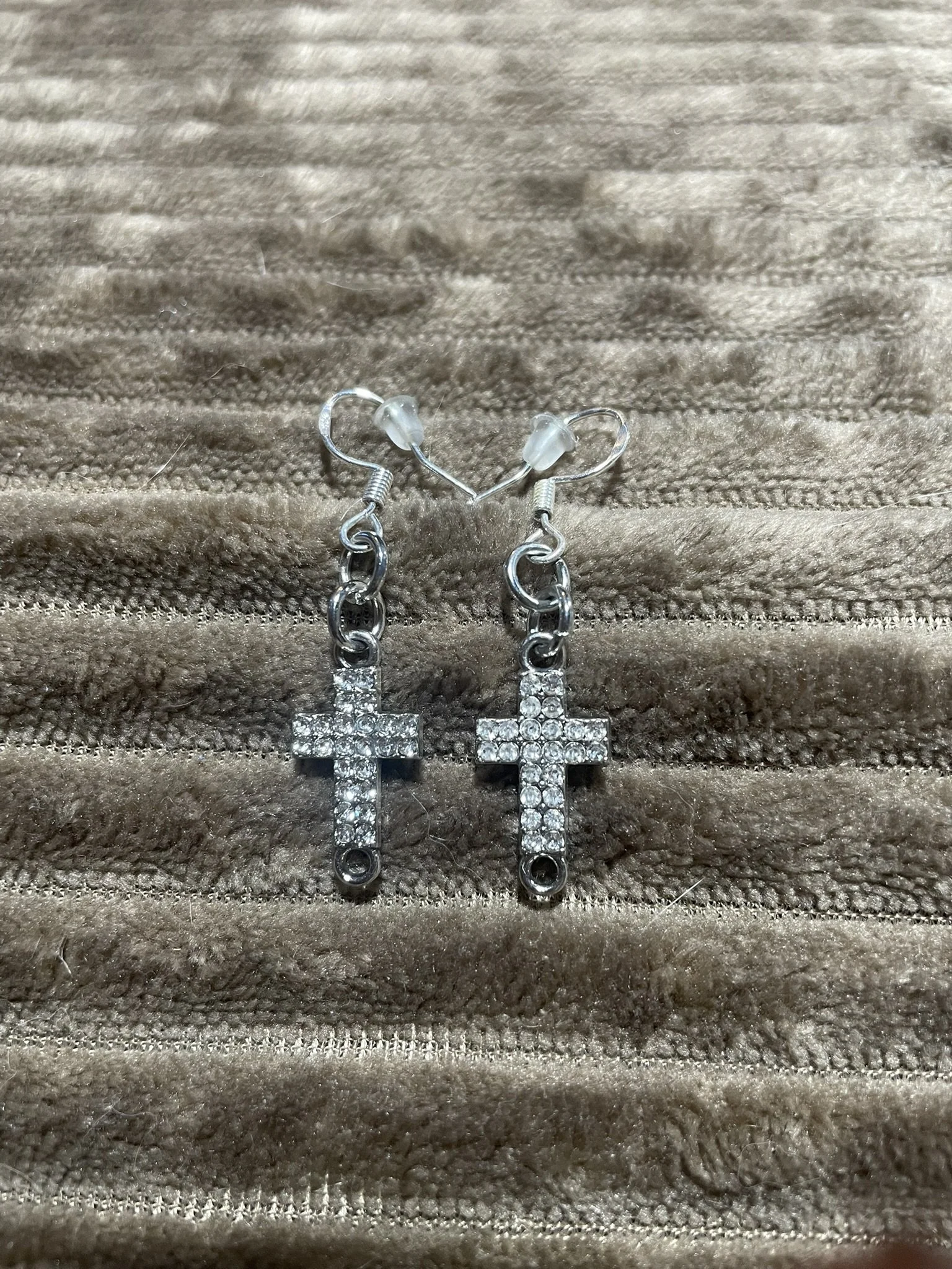 Earrings, Silvery Rhinestone Crosses