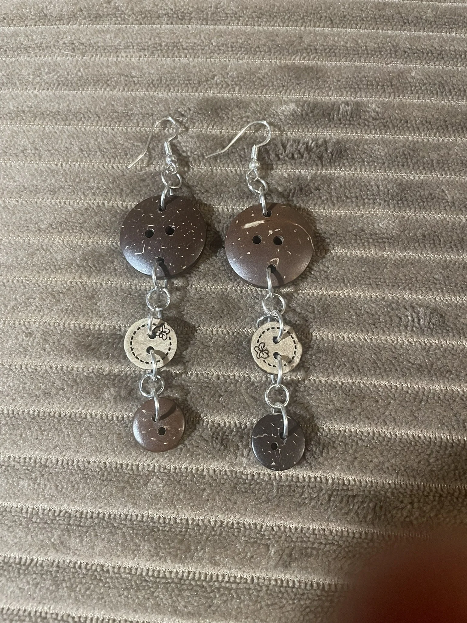 Earrings, 3-Tier Coconut Shell & Buttons w/Silver Color Hardware
