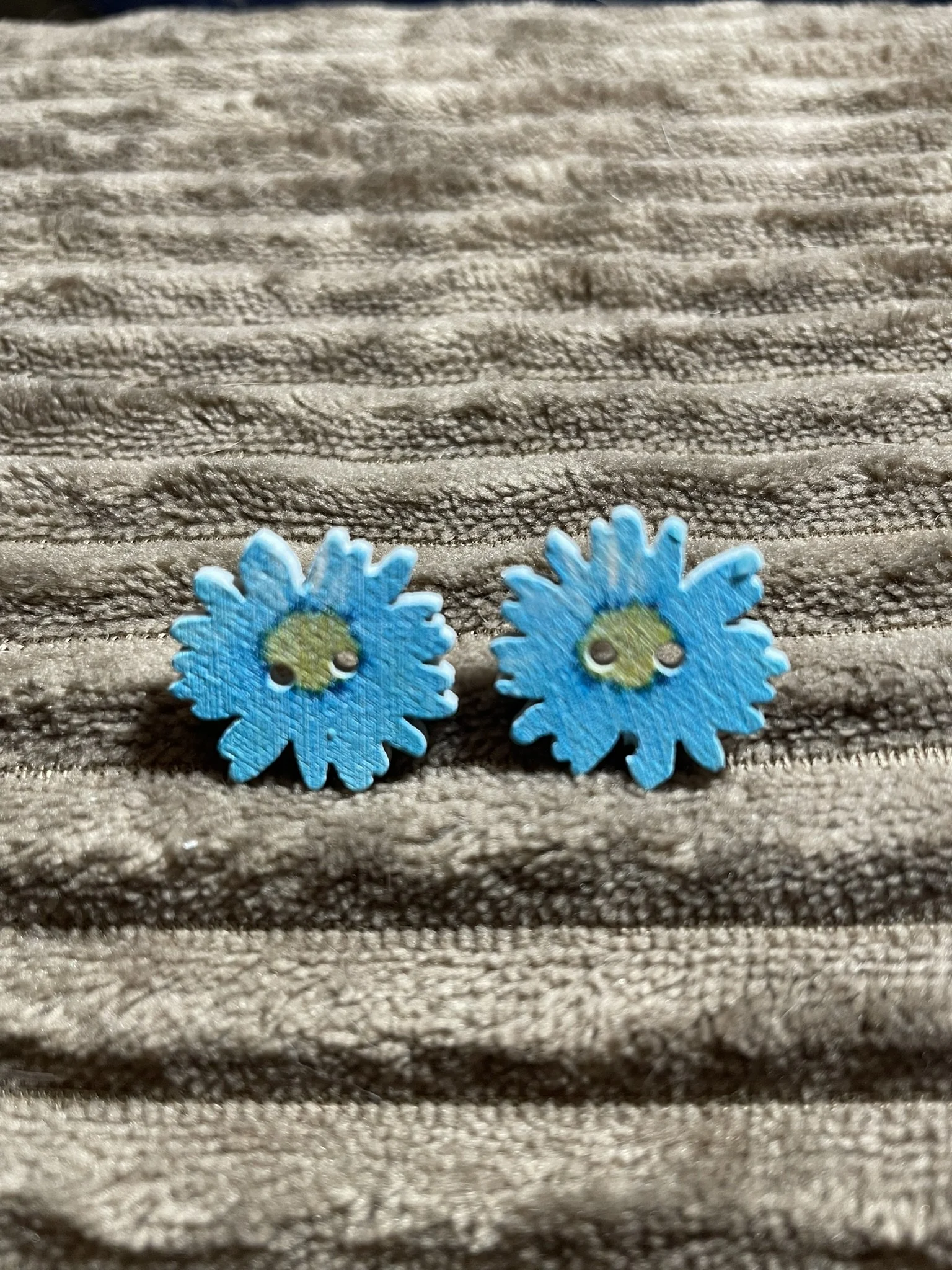 Earrings, Lt. Blue Flowery Wooden Button Posts