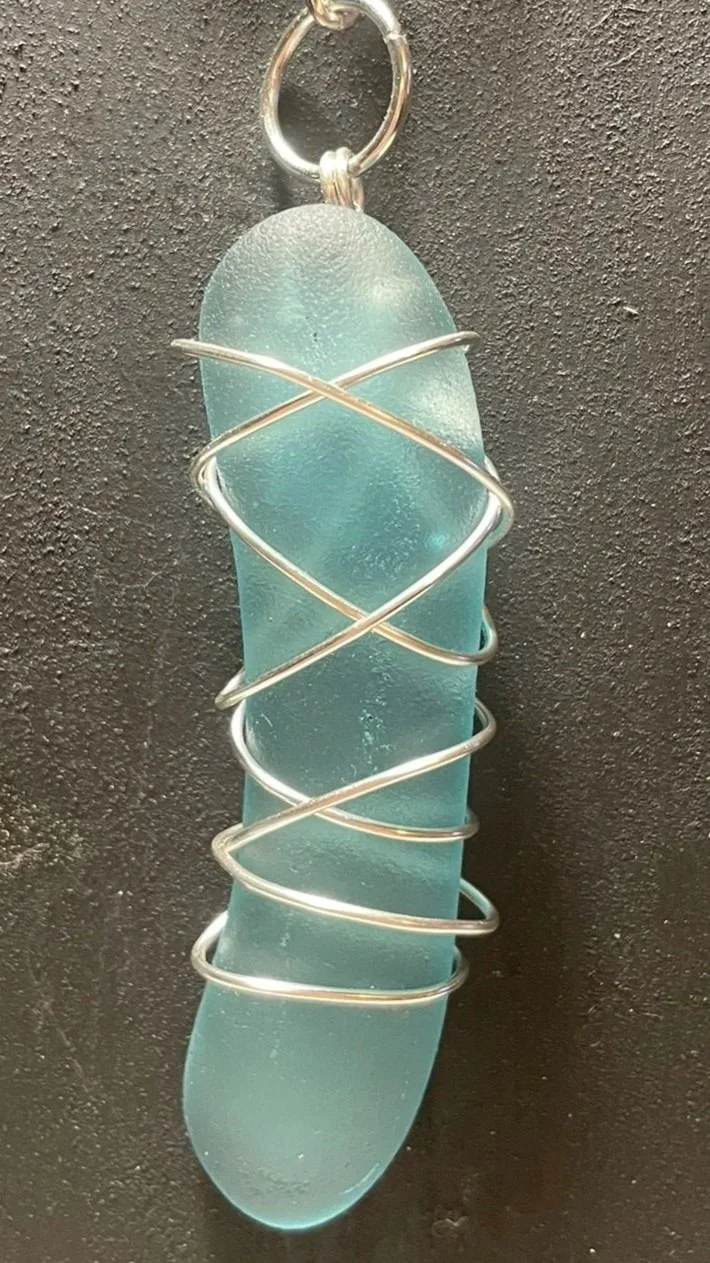 Necklace, Handcrafted, Blue Mason Jar Wire-Wrapped Pendant