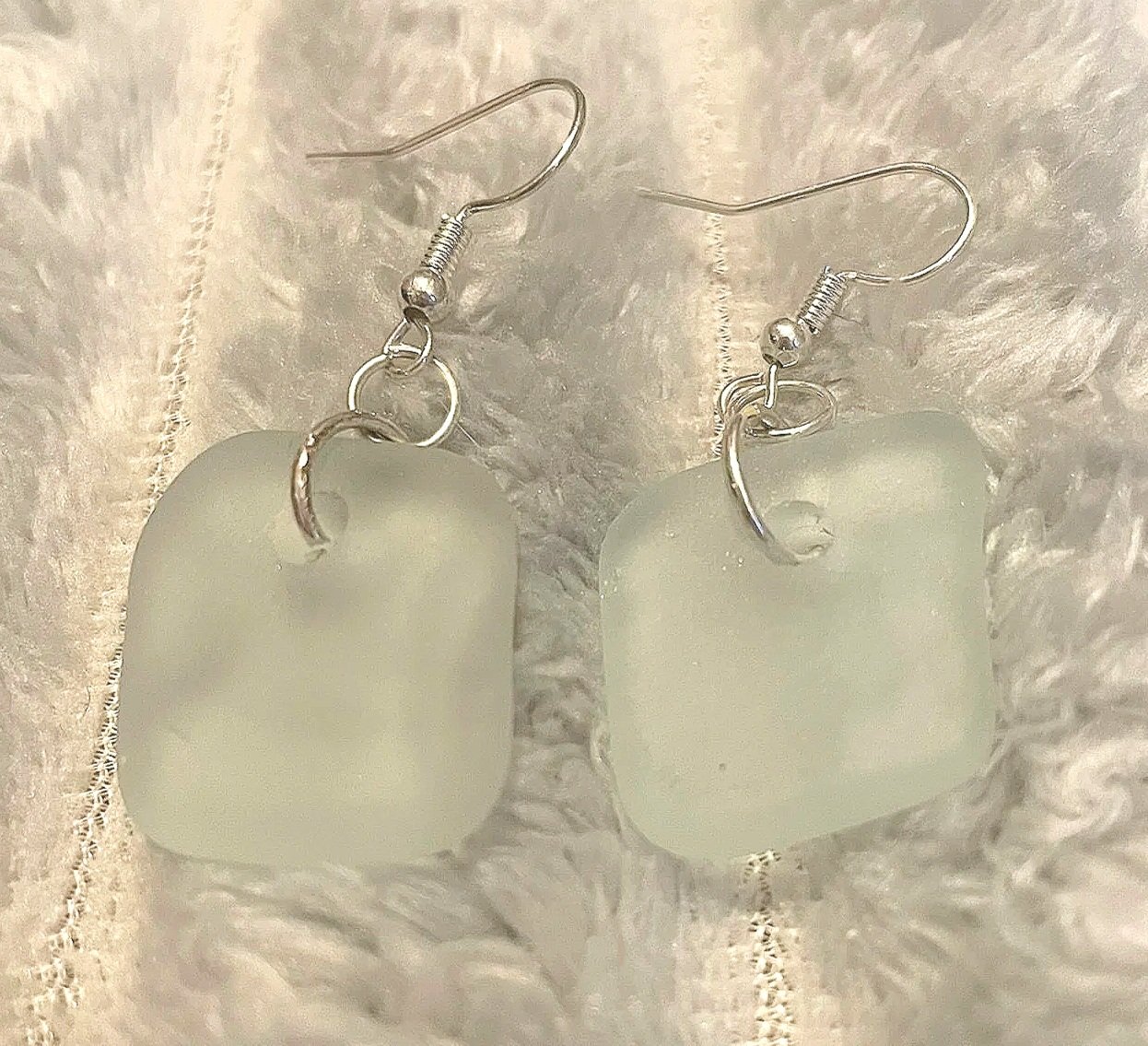 Earrings, Handcrafted White Sea Glass-Square