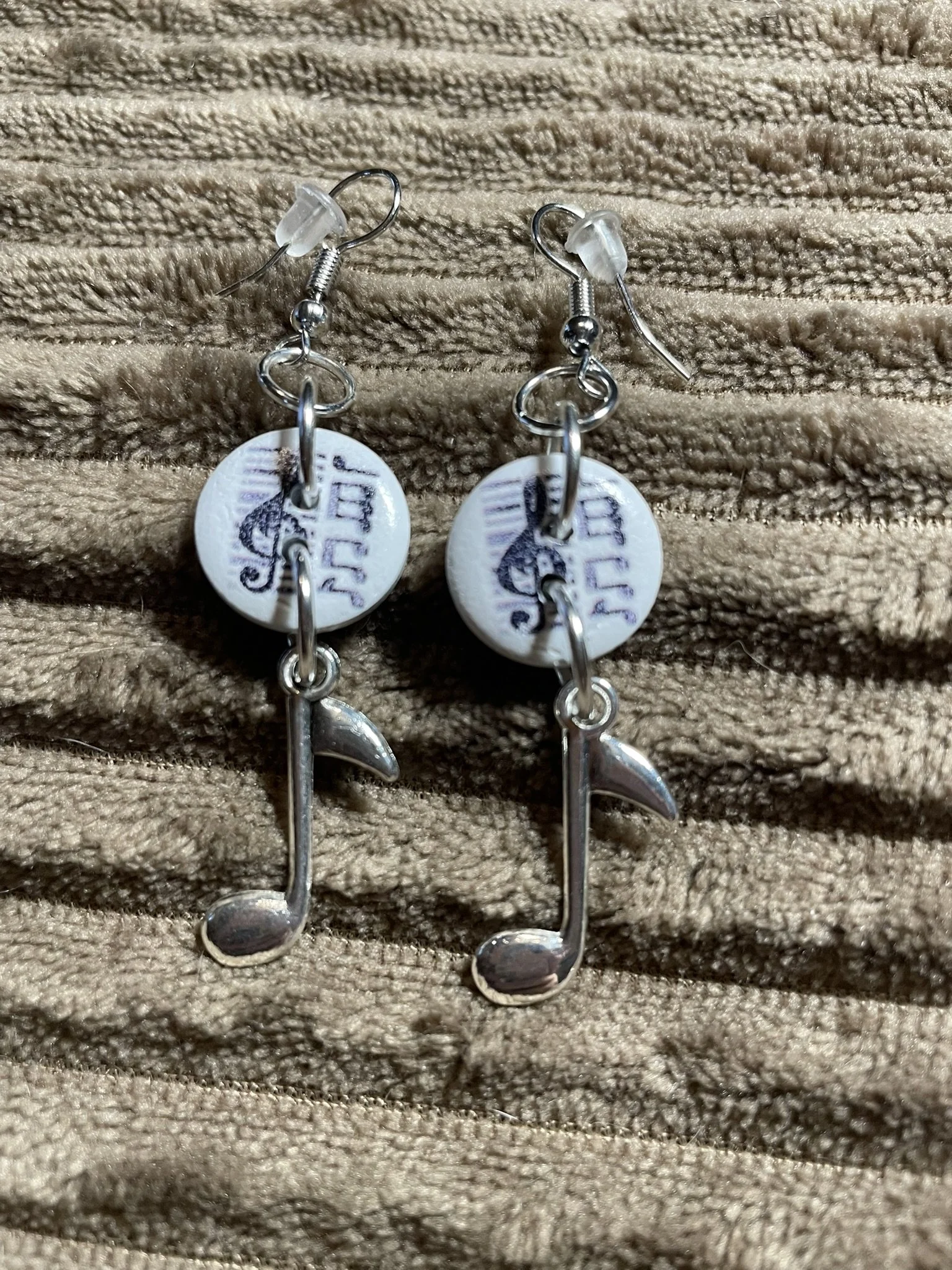 Earrings, Silver-toned Musical Wooden Buttons w/Musical Note Charms