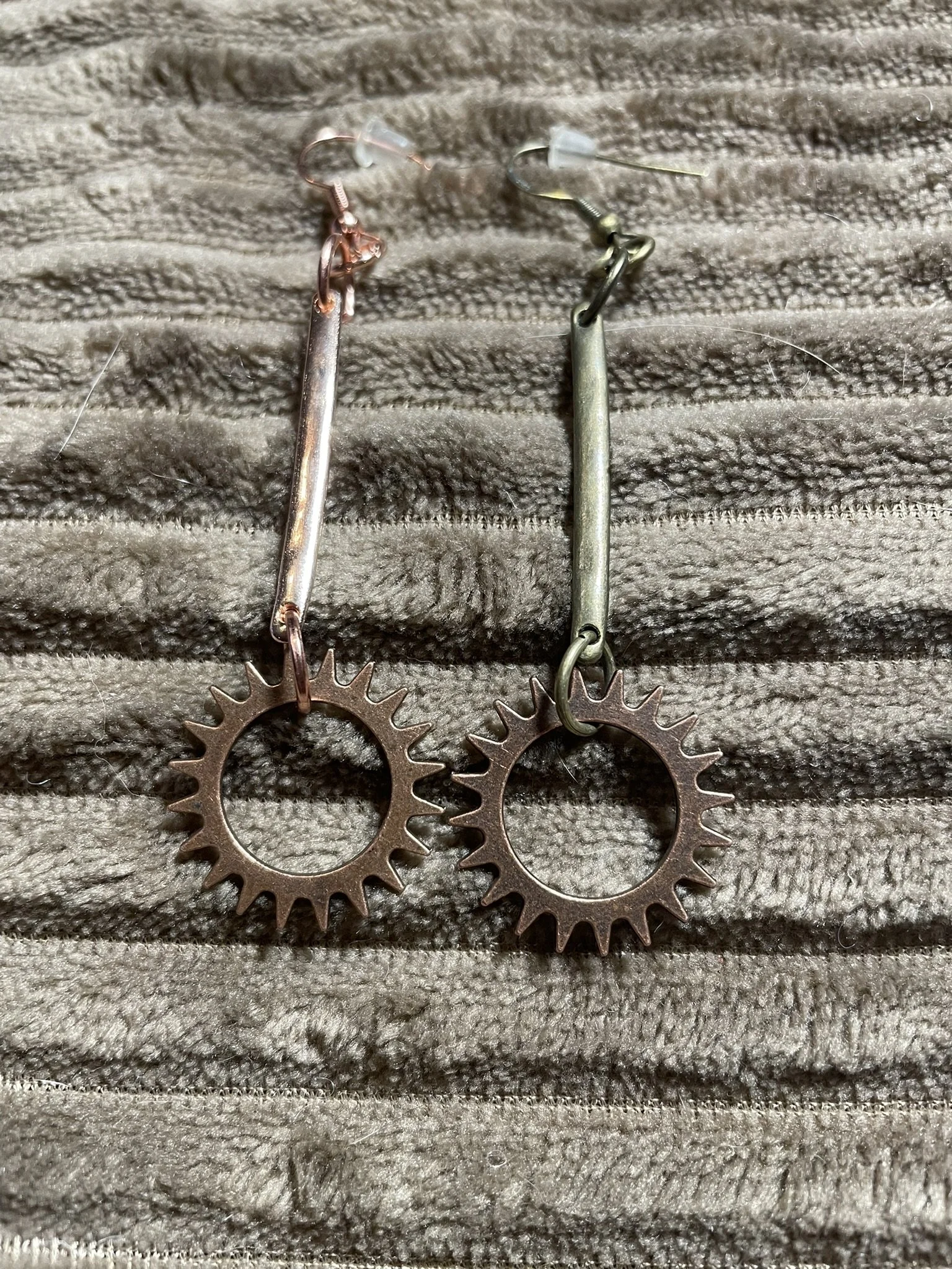 Earrings, Long Steampunk Gear Charm Earrings 2-Toned w/Copper & Bronze Colors