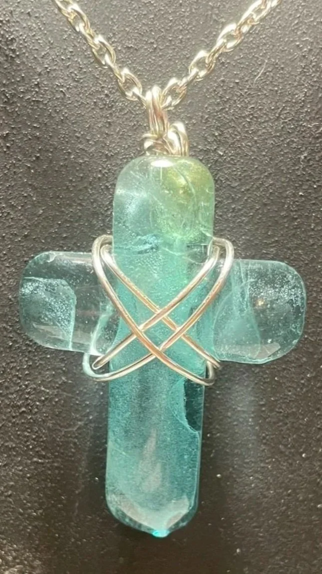 Necklace, Handcrafted, Glass Cross Wire-Wrapped Pendant
