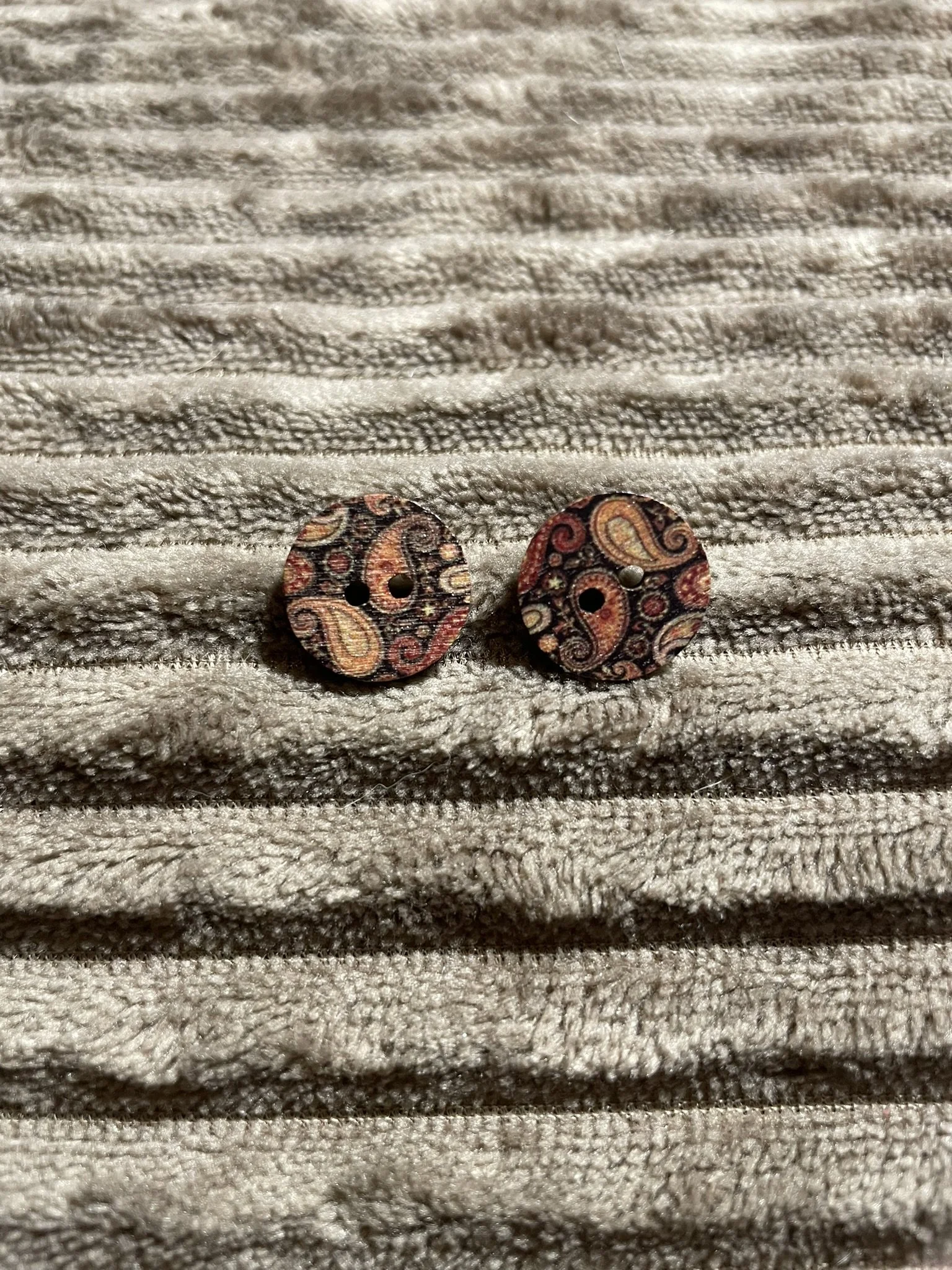 Earrings, Round Paisley, Wooden Button Posts