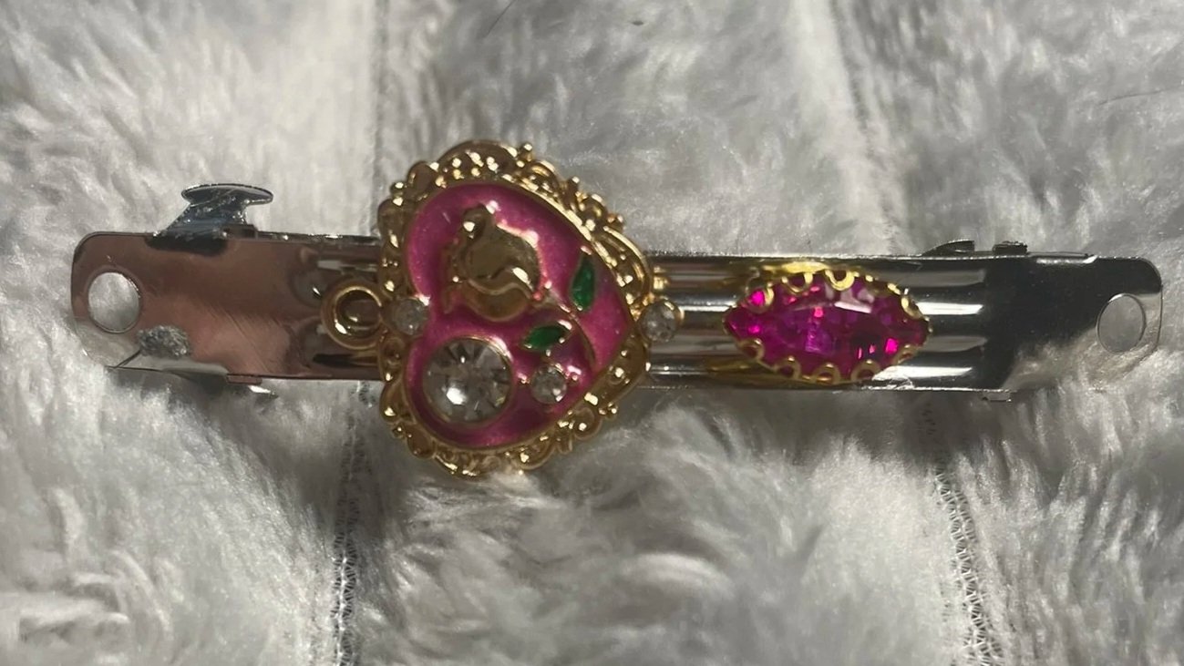 Hair Barrette, Pink Heart Charm w/Rose & Rhinestone