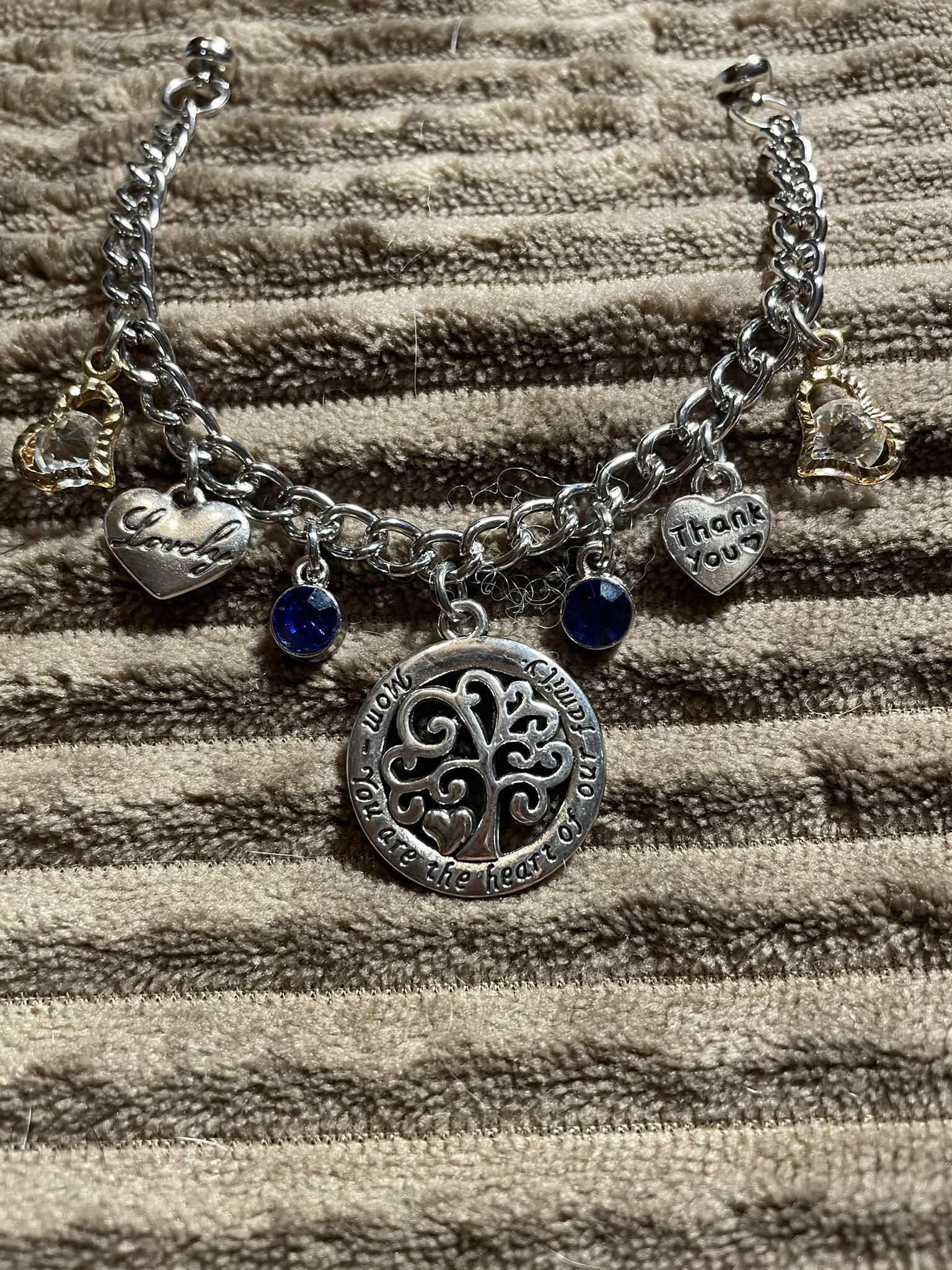 Charm Bracelet, Mother's Heart with Blue & Clear Charms