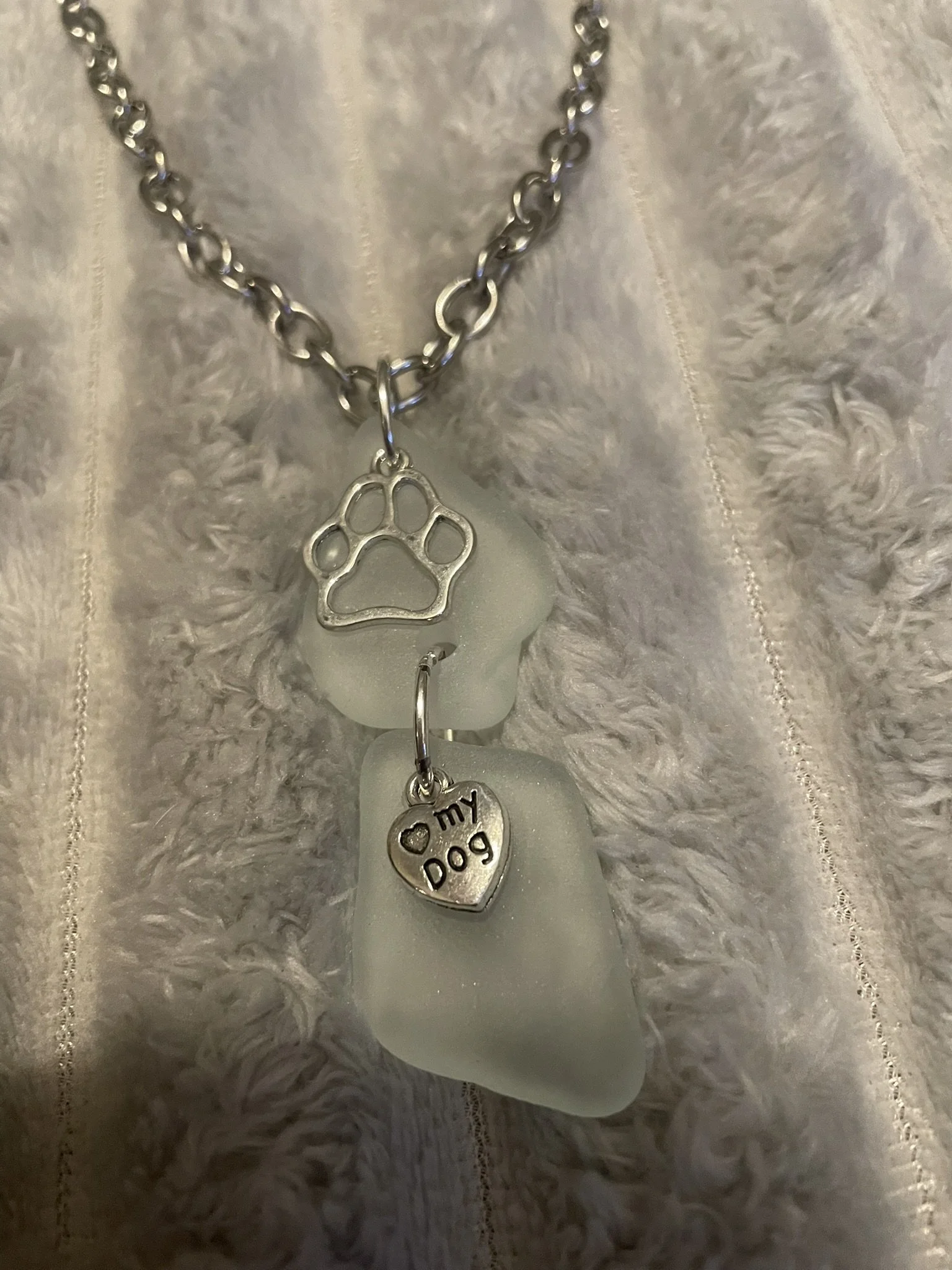 Necklace, Handcrafted, 2-tier White Sea Glass, 22" cable chain w/magnetic clasp and paw print & love my dog charms