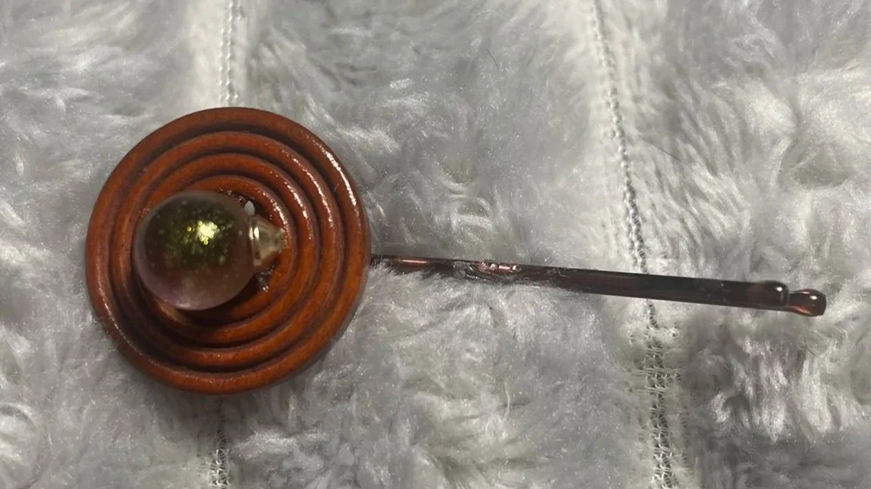 Bobby Pin, Wooden Button w/round glass ball, 2.5" Long