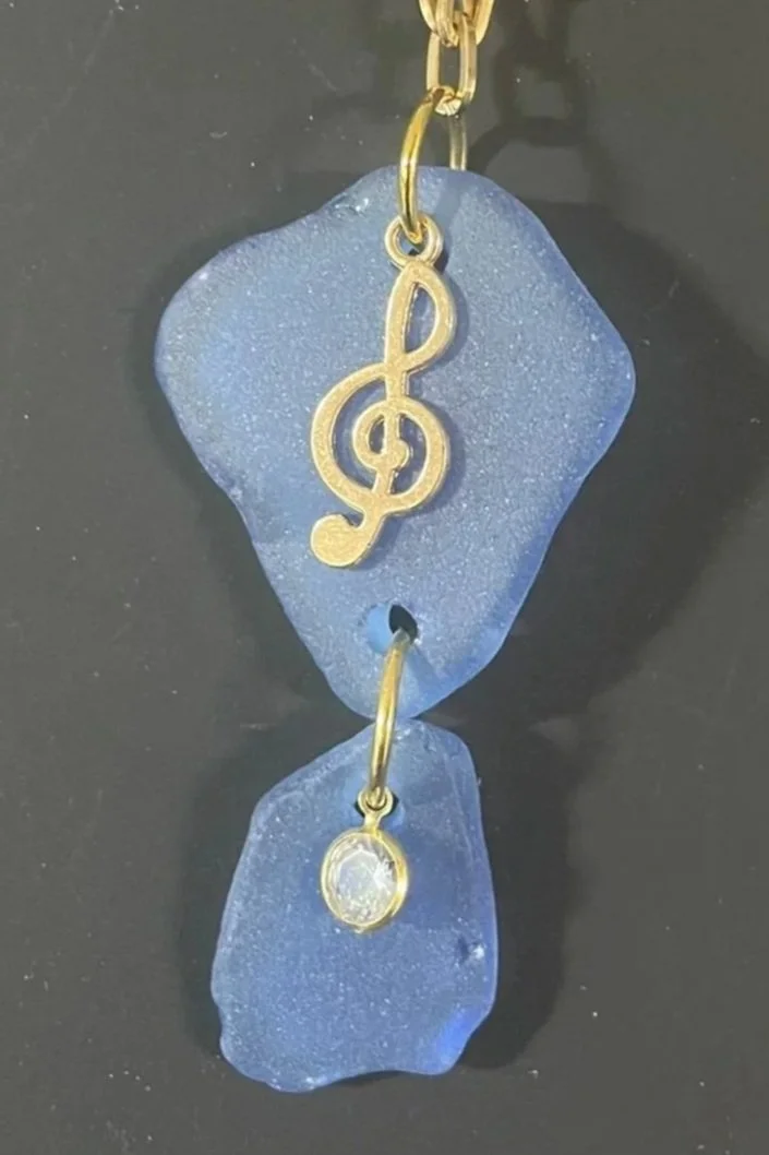 Necklace, Handcrafted, Cobalt Blue Sea Glass & Gold Color Paperclip