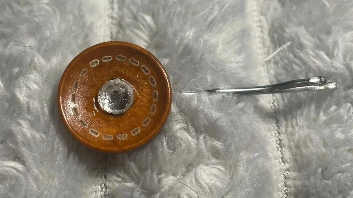 Bobby Pin, Wooden Button w/large Rhinestone, 2.5" Long