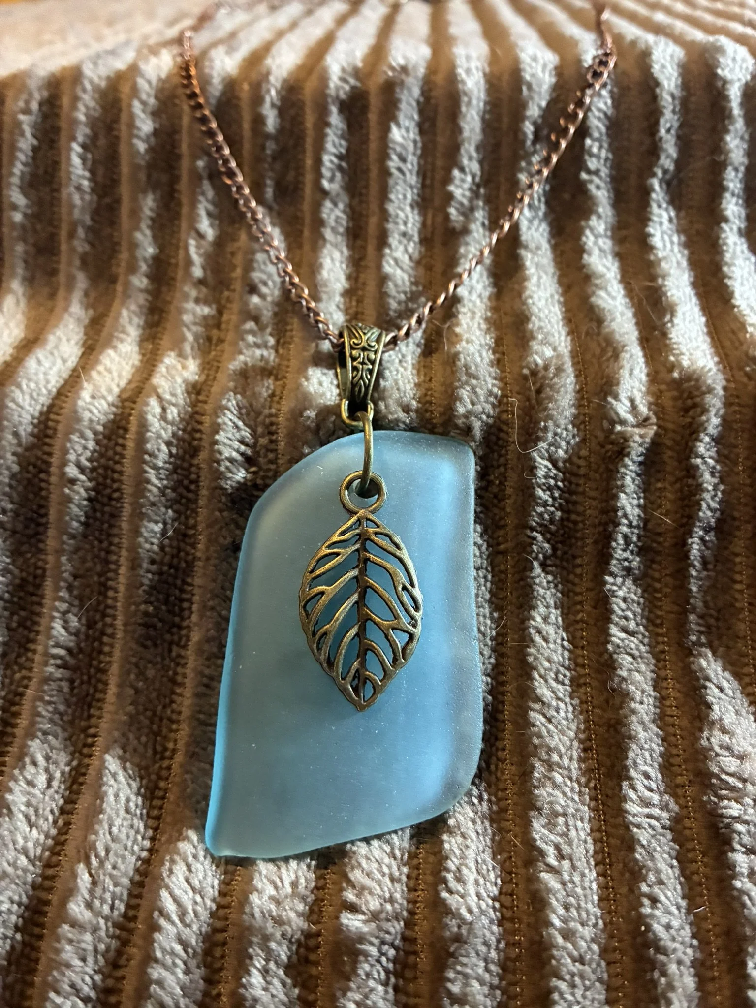 Handcrafted Blue Mason Jar Necklace with Bronze Leaf Charm