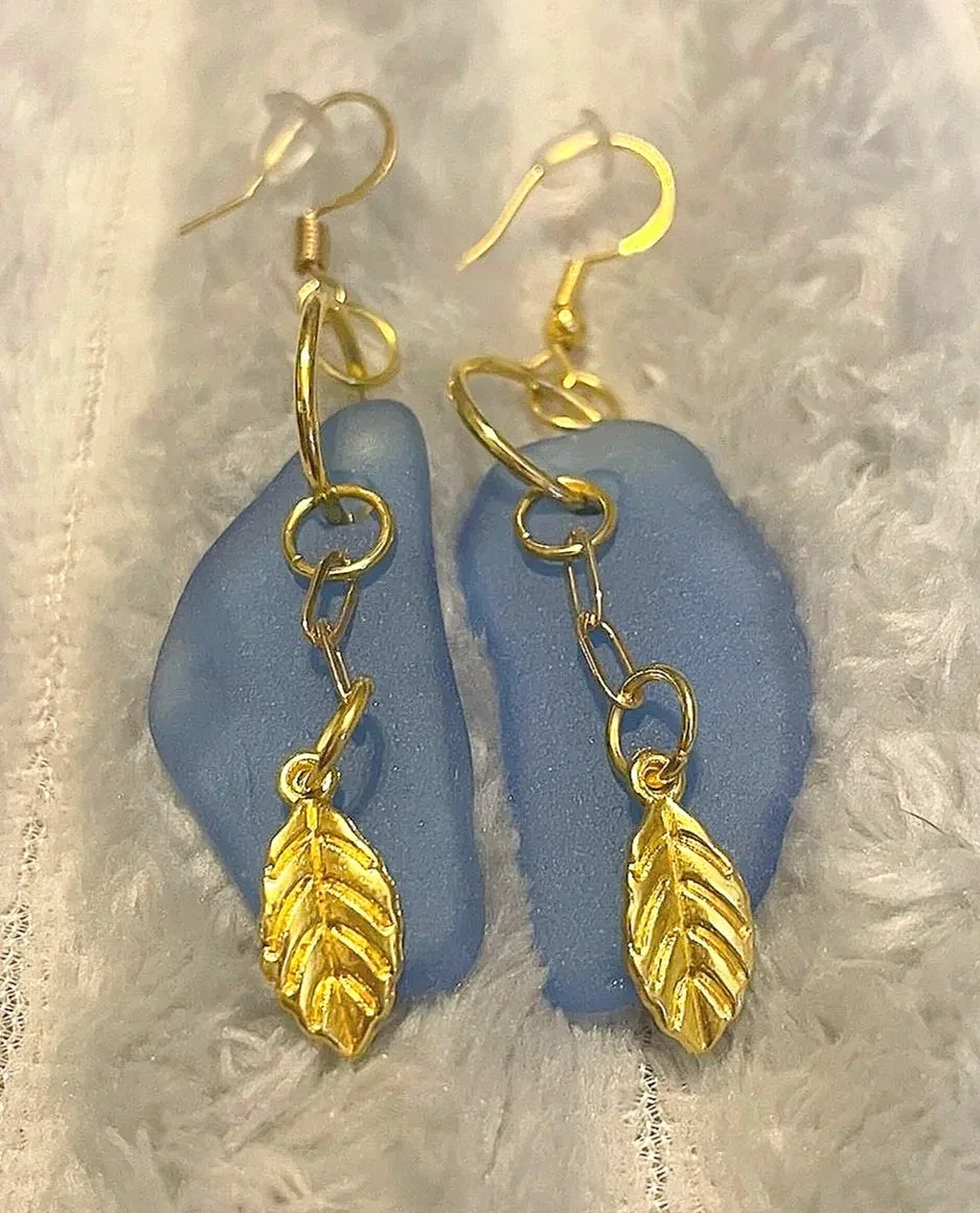 Earrings, Handcrafted, Cobalt Blue Sea Glass w/leaf charms & gold color hardware