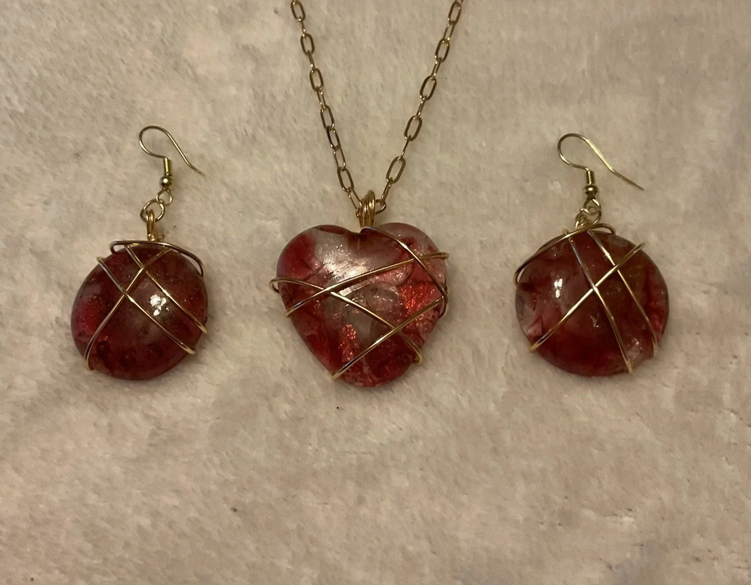 Necklace & Earrings Set, Glass, Red Wire-Wrapped Heart Necklace, Red Wire-Wrapped Earrings Round