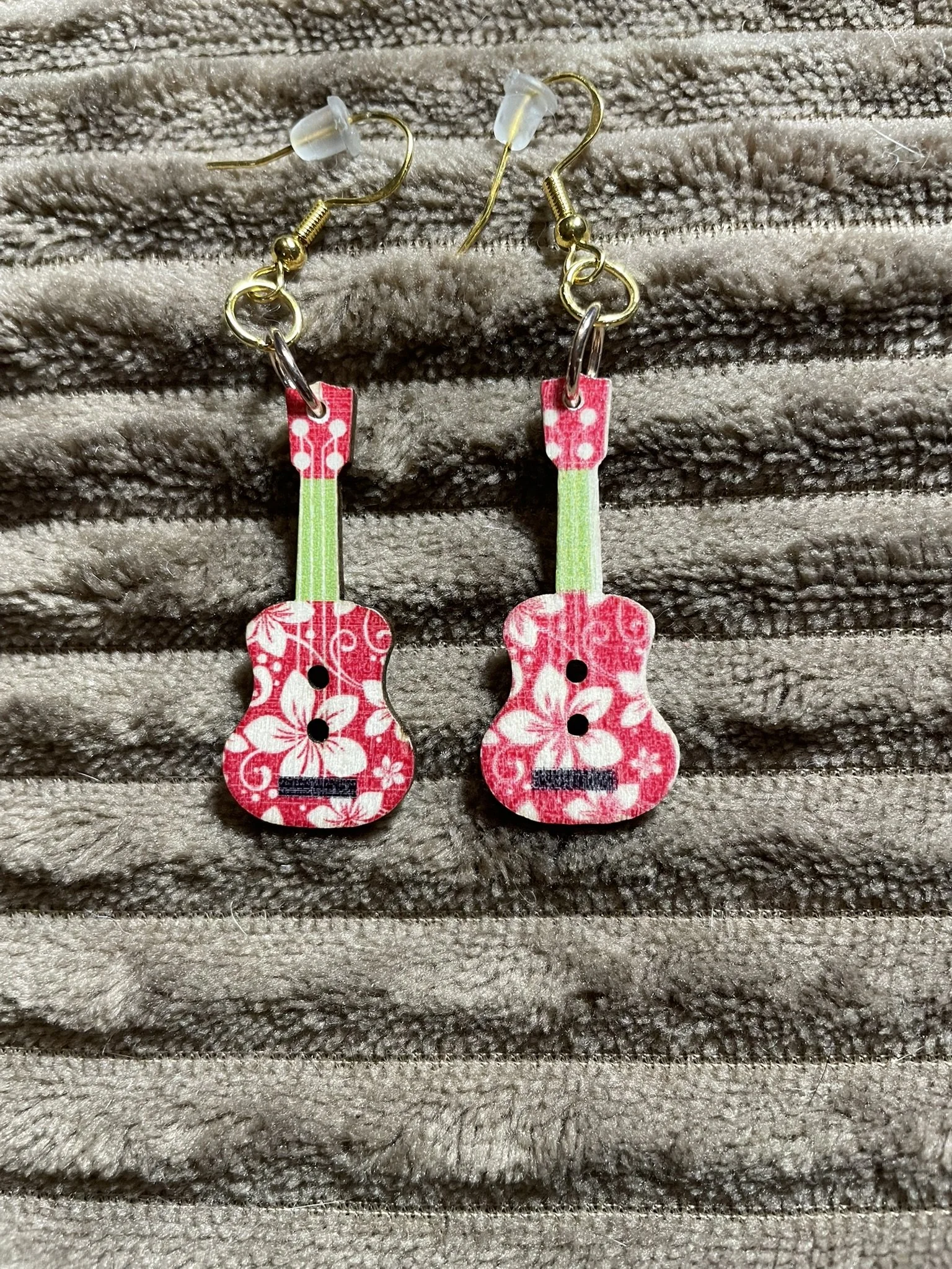 Earrings, Wooden Guitar w/Flowers