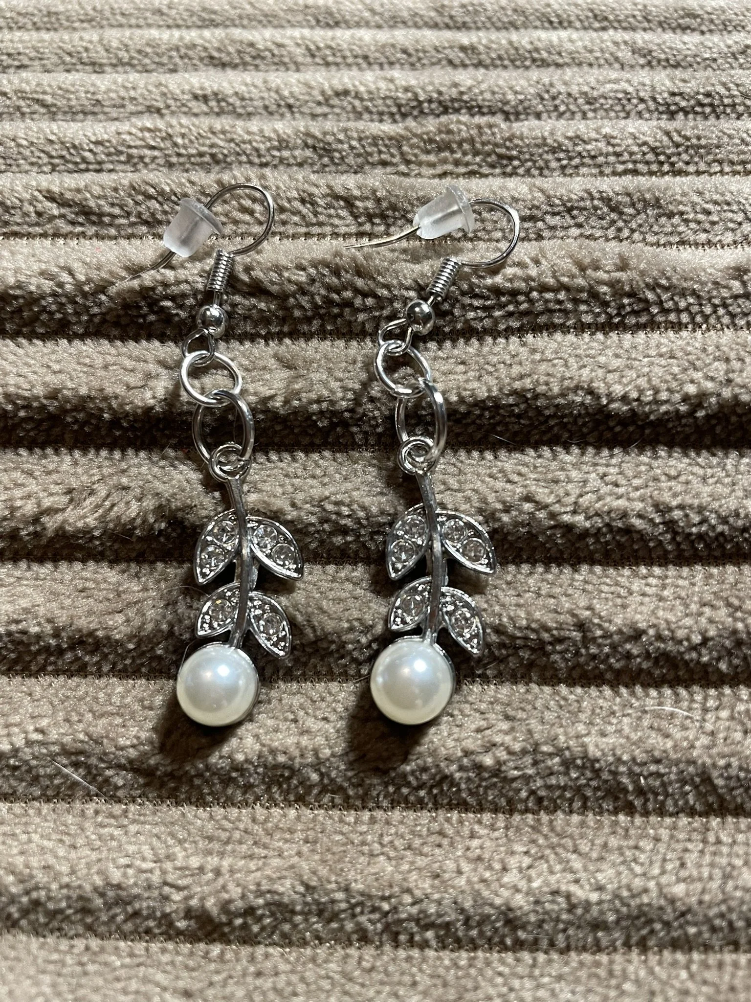 Earrings, Silvery Leaf & Pearl-like Charm
