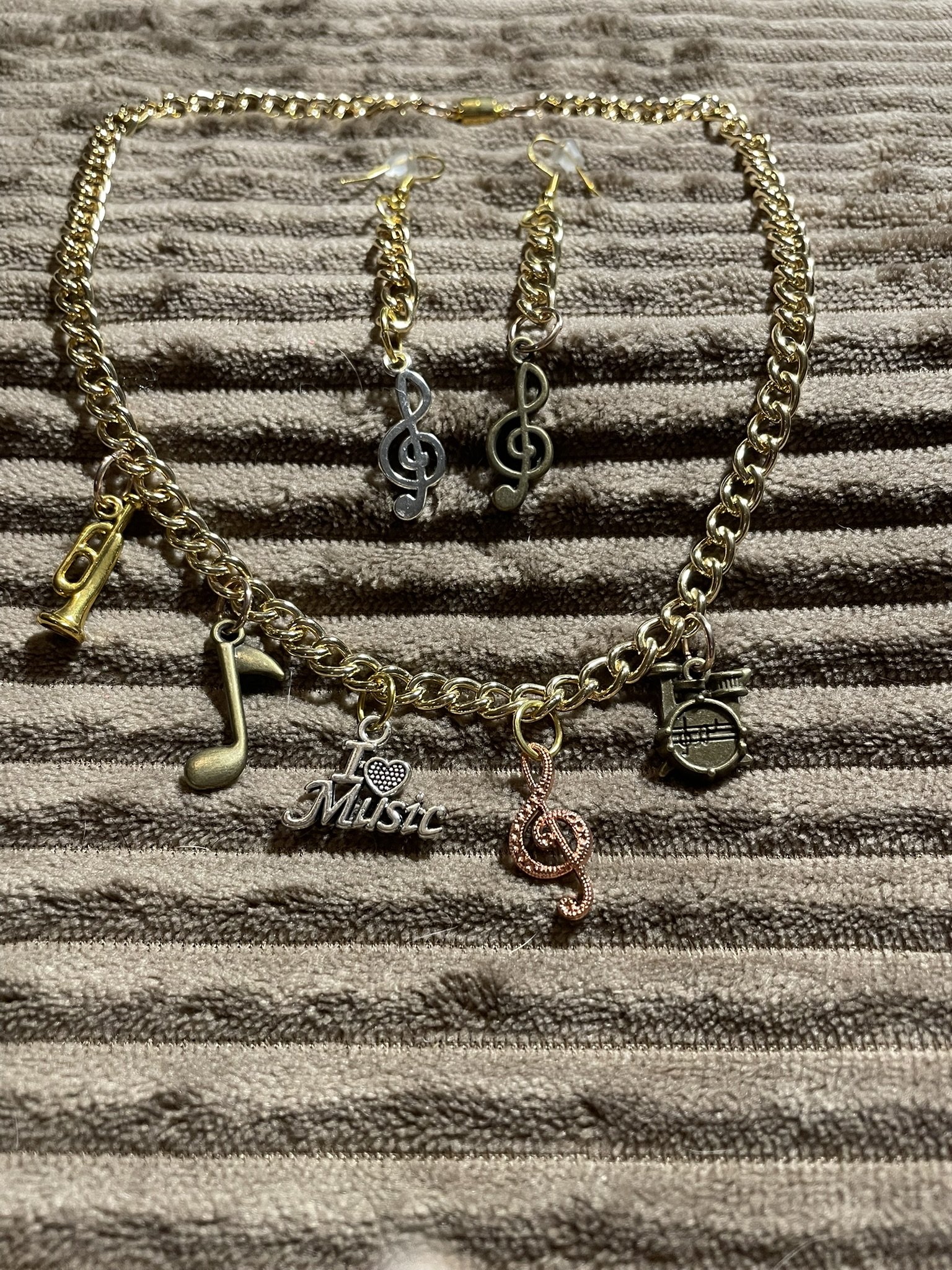 Choker/Earrings Set, Golden Chain Mixed Color Musical Charms, Mixed Color Treble Clef Earrings, Necklace 16.5", Earrings 3" Long