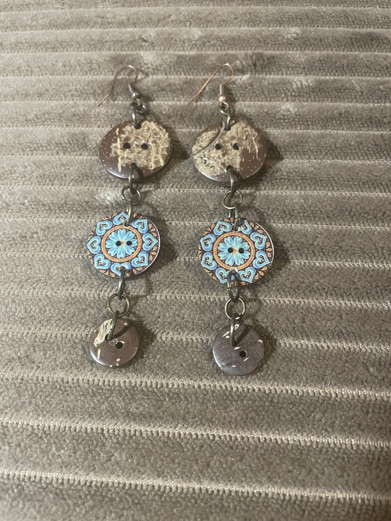 Earrings,  3-Tier Coconut Shell & Buttons w/Bronze Hardware