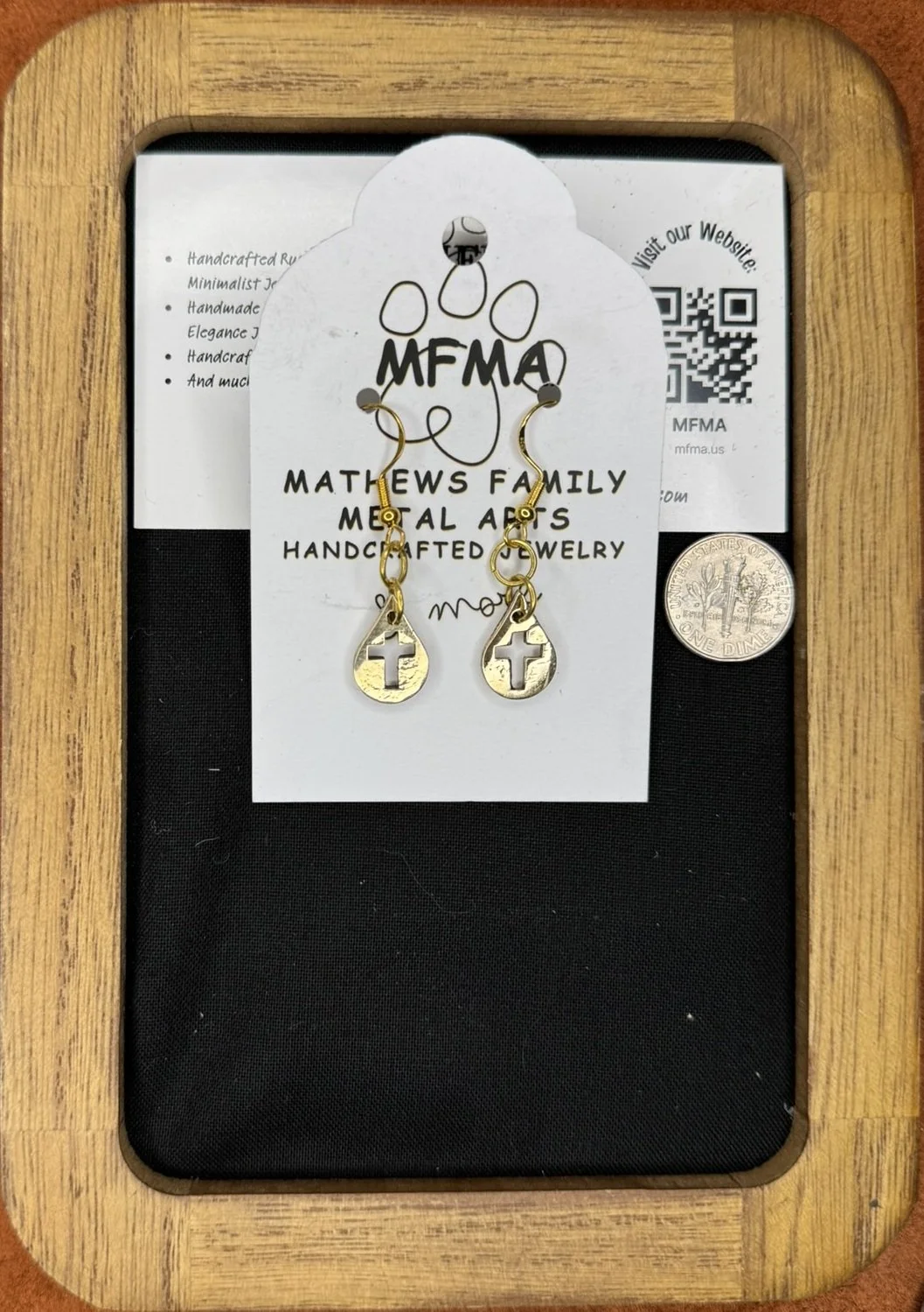 Brass Teardrop Cross Earring Small - Handcrafted