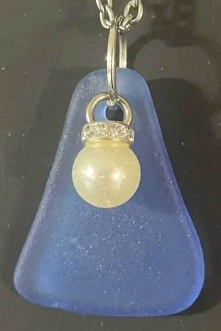 Necklace, Handcrafted, Cobalt Blue Sea Glass Pendant w/pearl charm