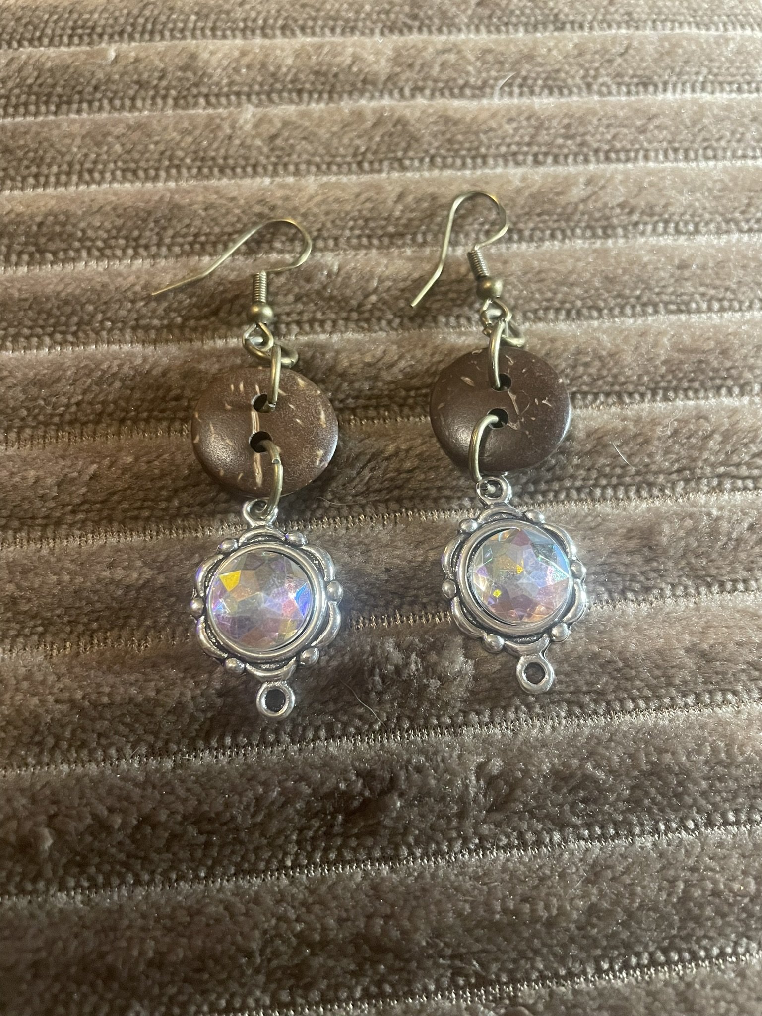 Earrings, Coconut Shell Buttons w/Iridescent Charm & Bronze Hardware