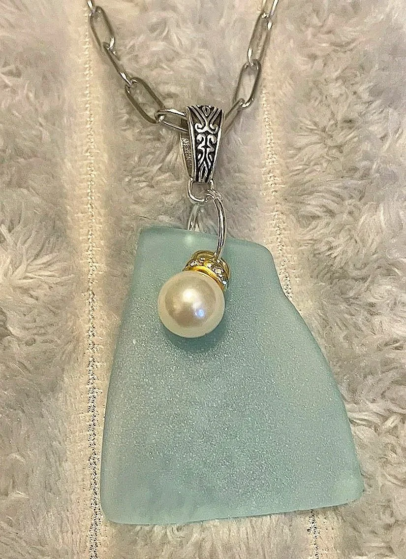Necklace, Handcrafted, Blue Mason Jar Glass, 21" silver color paperclip chain w/large pearl charm