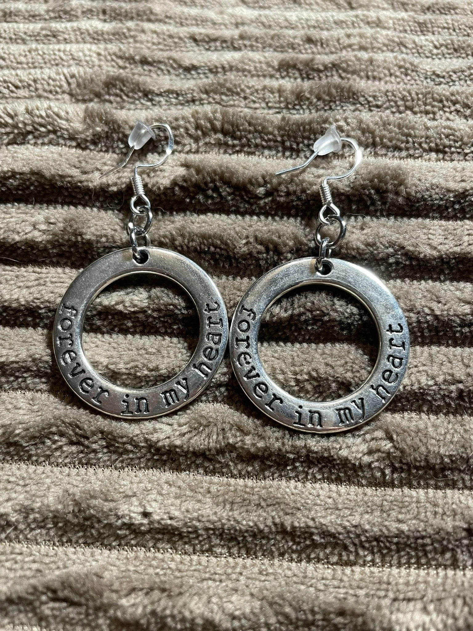 Earrings,  Round Metal Engraved w/"Forever In My Heart"