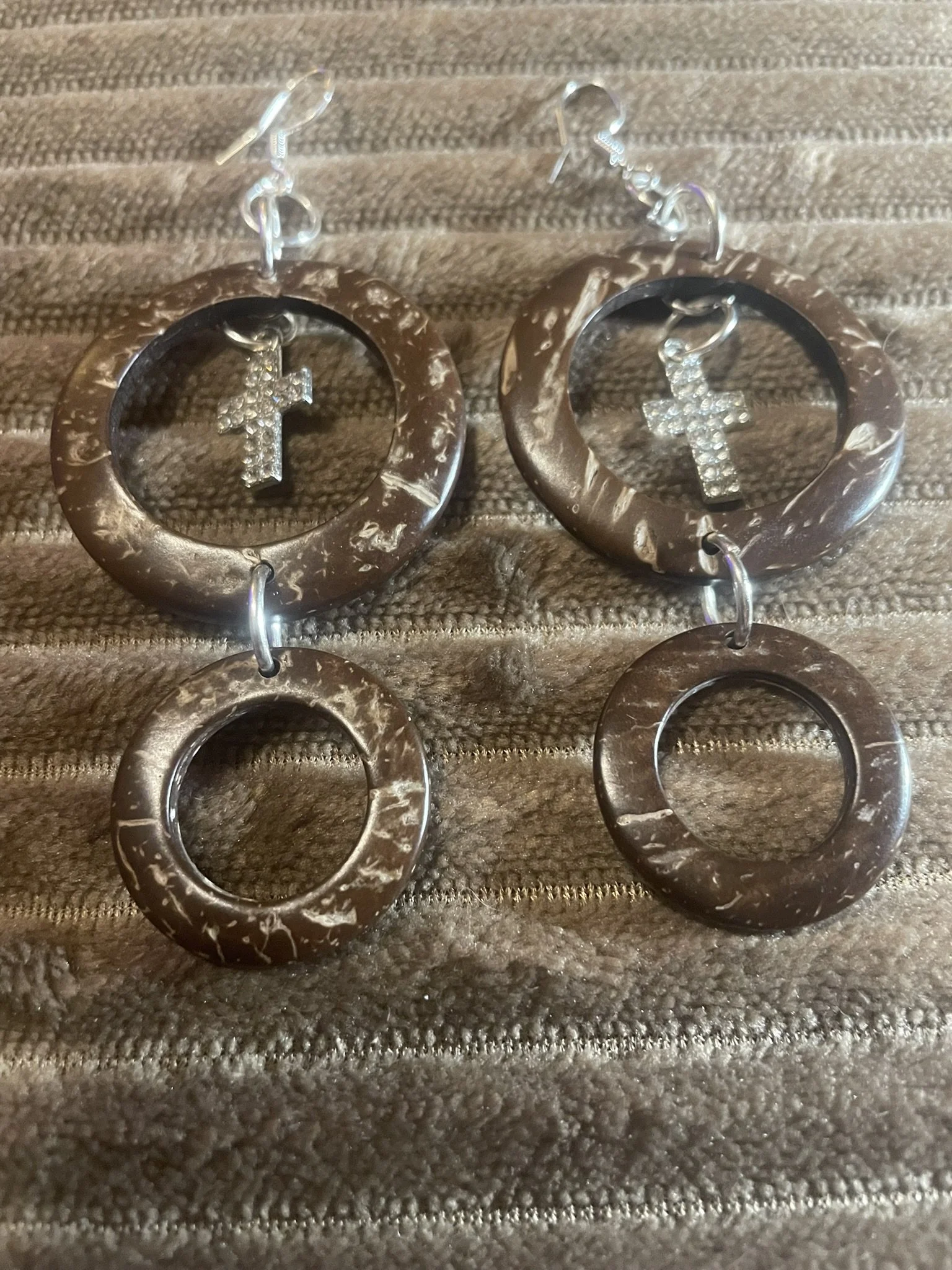 Earrings, 2-Tier Coconut Shell Cross Charms w/Silver Hardware