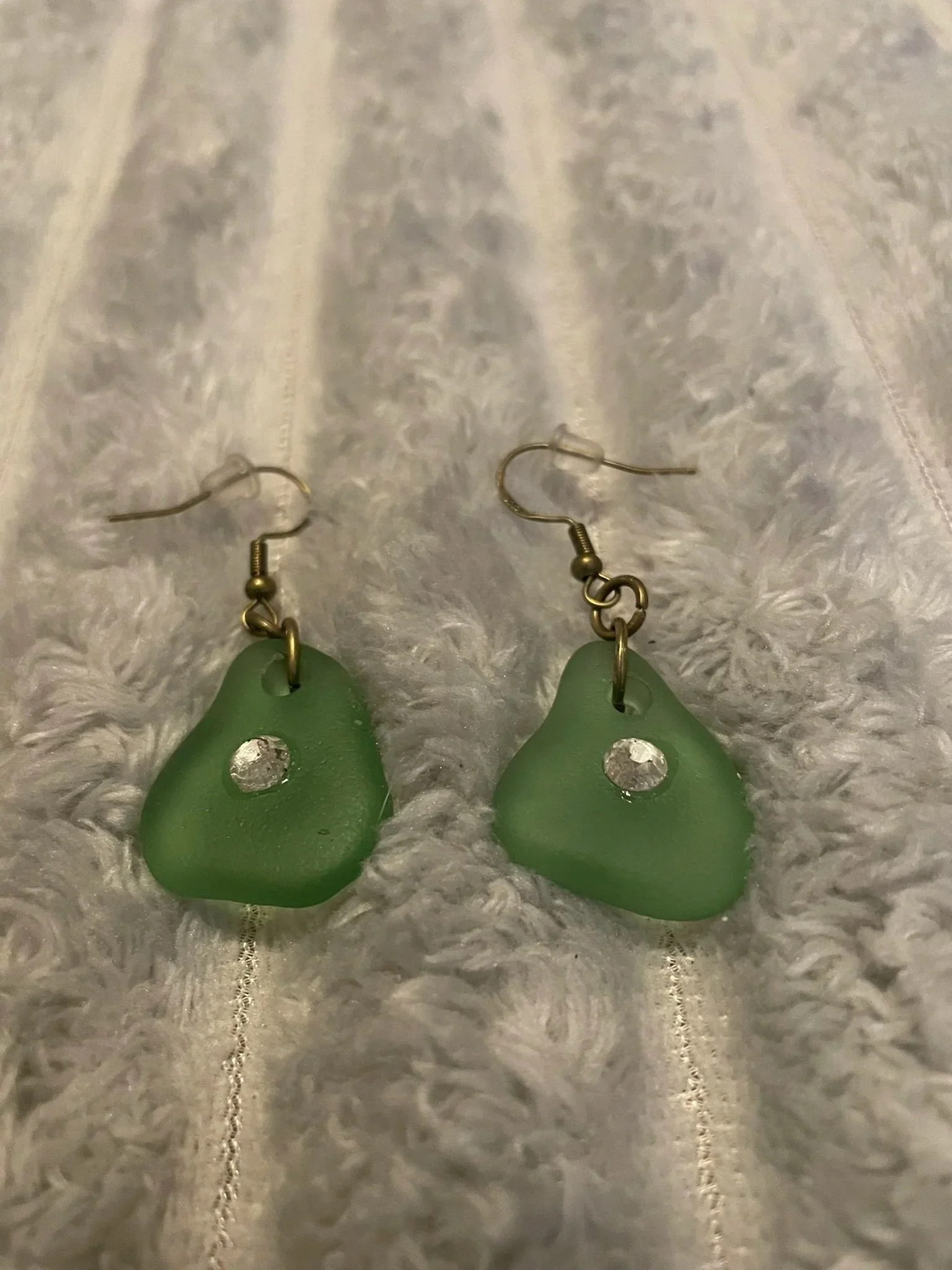 Earrings, Handcrafted Green Sea Glass w/rhinestones