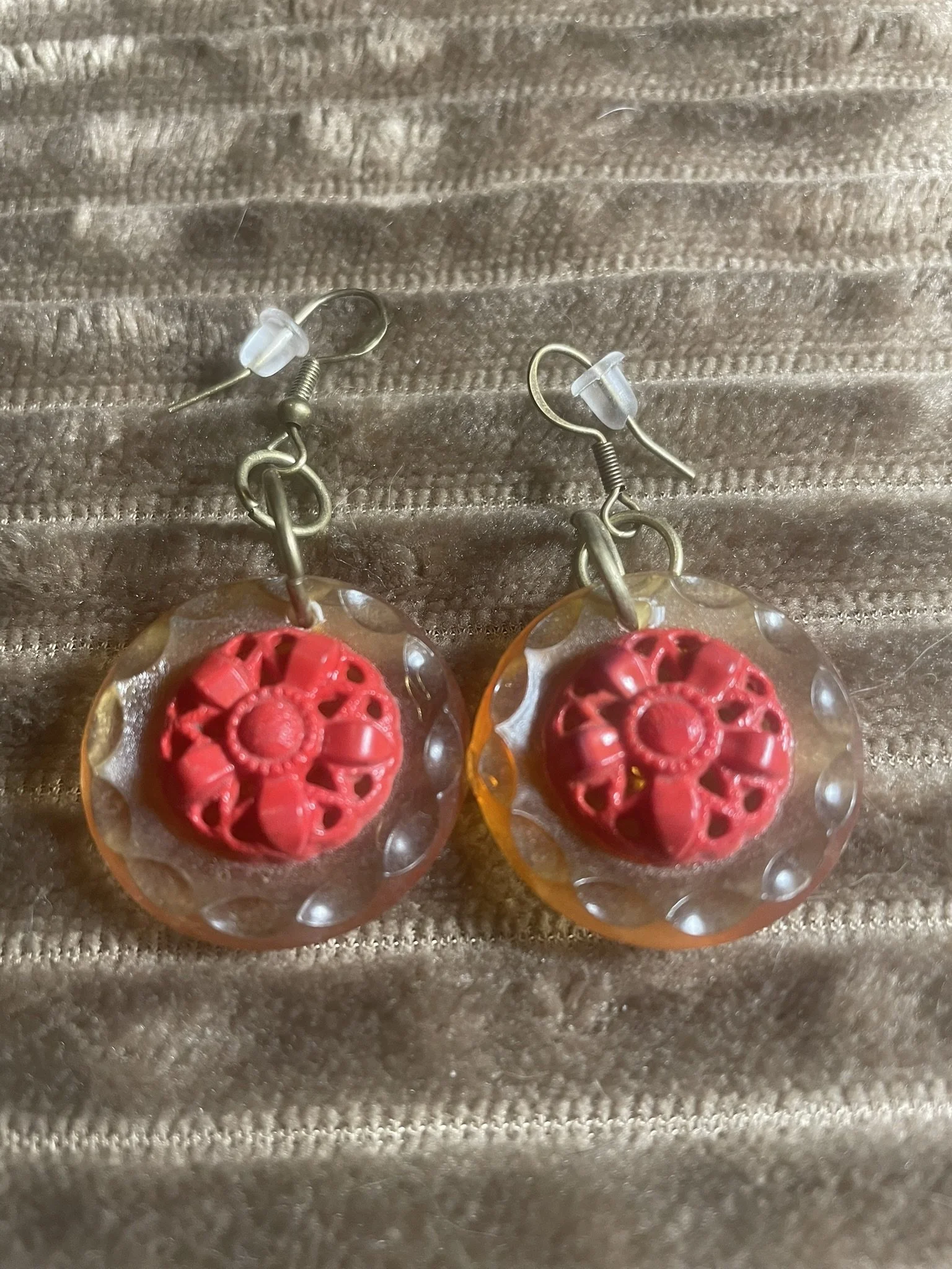 Earrings, Vintage Button- Red & Orange, Bronze Hardware