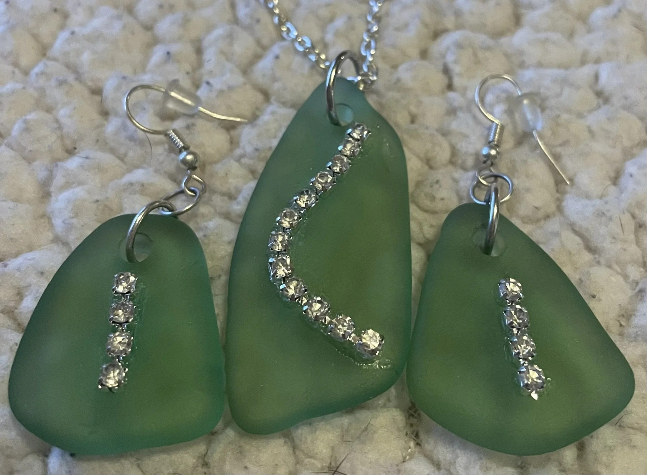 Necklace/Earrings Set, Handcrafted, Green Sea Glass Pendant