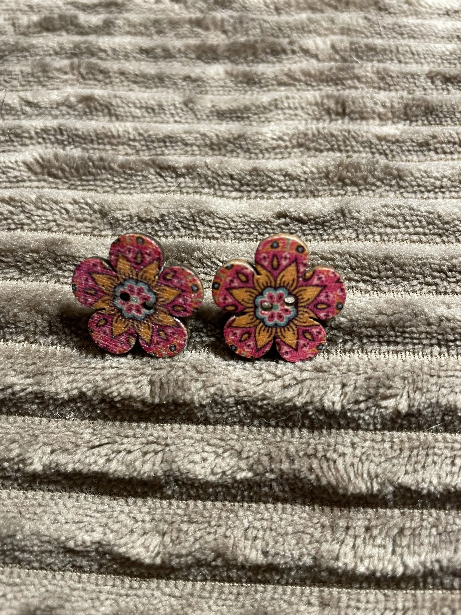 Earrings, Wooden Flowery Button Posts