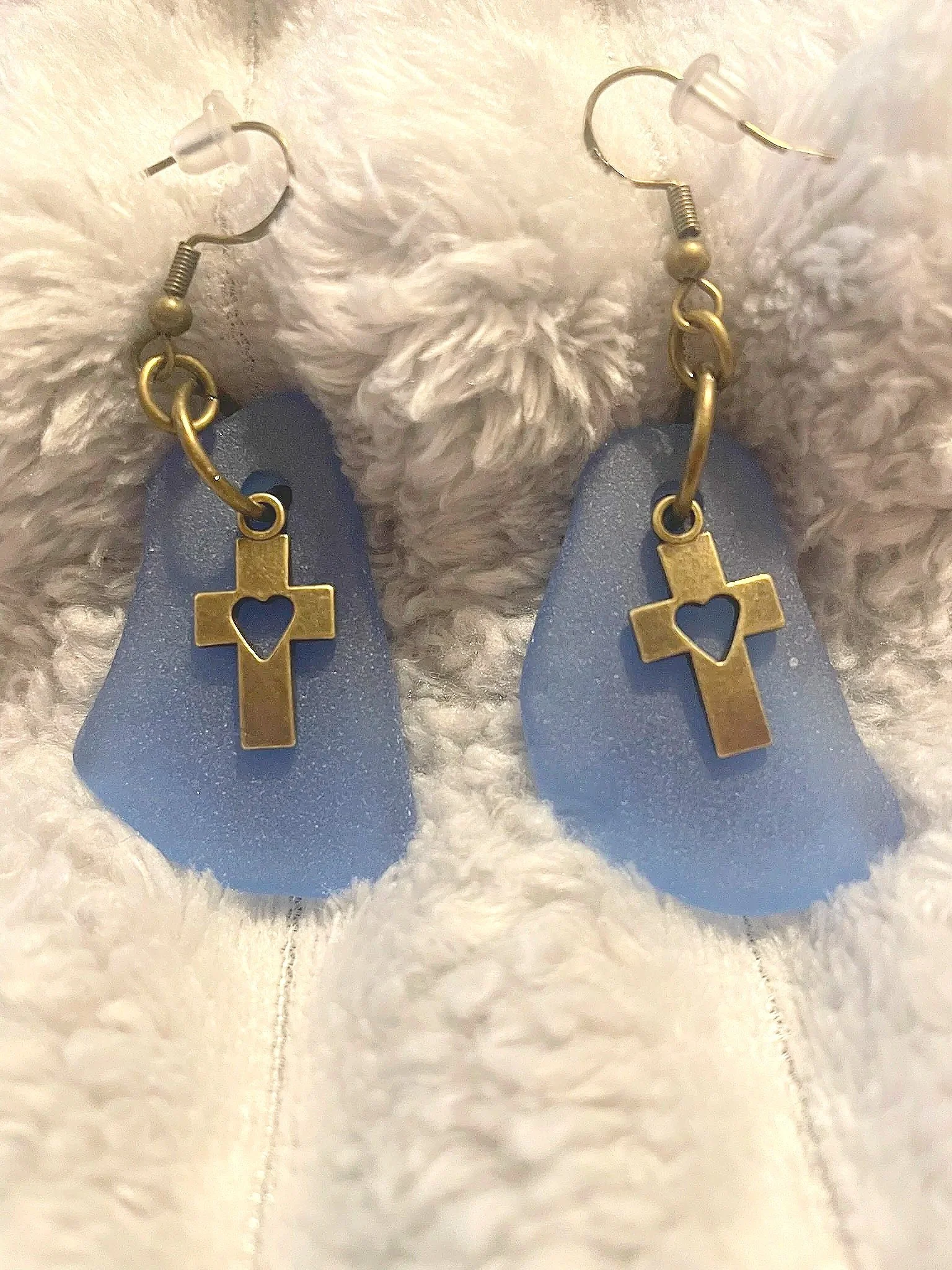 Earrings, Handcrafted, Cobalt Blue Sea Glass w/bronze cross