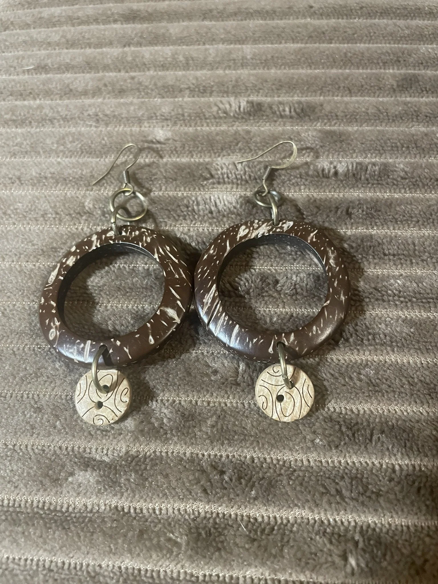 Earrings, Coconut Shell & Buttons w/Bronze Hardware