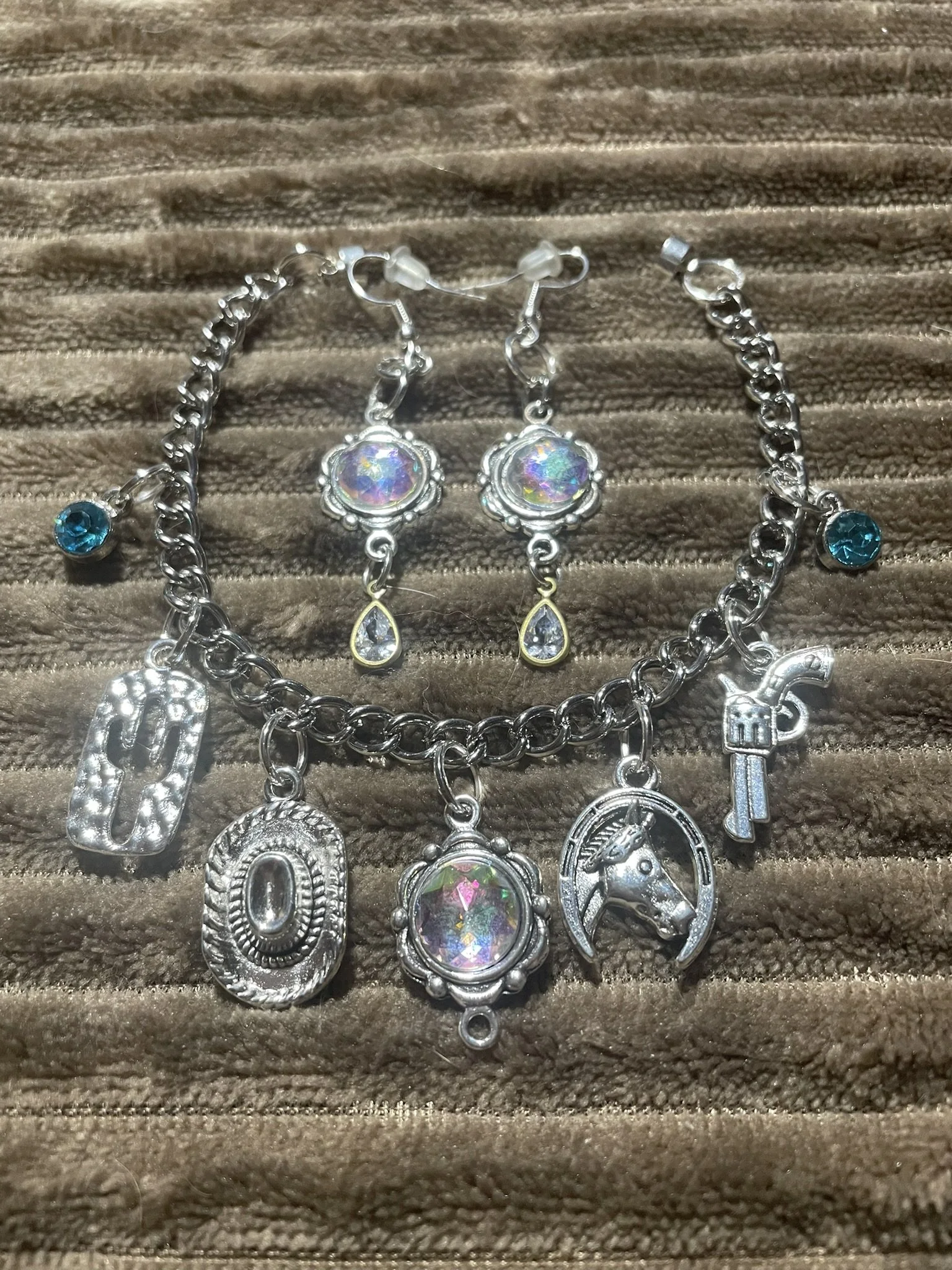 Charm Bracelet, Silvery Western Charms, Matching  Iridescent Earrings, Magnetic Clasp, 7.5" Long