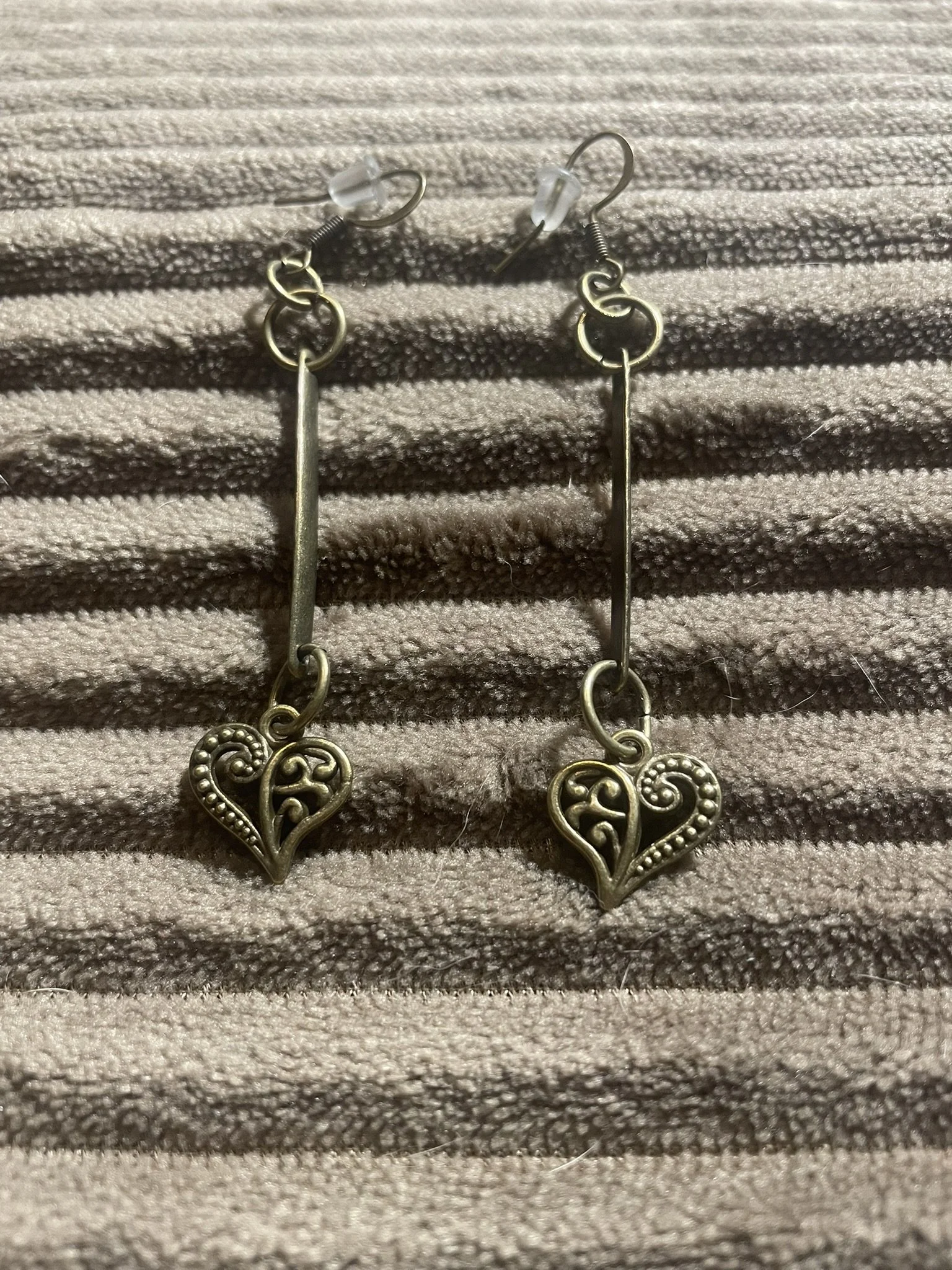 Earrings, Long Charm w/Heart, Bronze Hardware