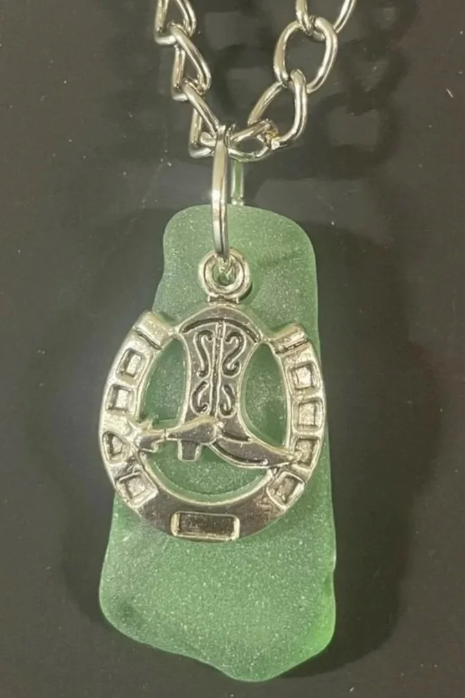Necklace-Choker, Handcrafted, Green Sea Glass Western Charm Pendant