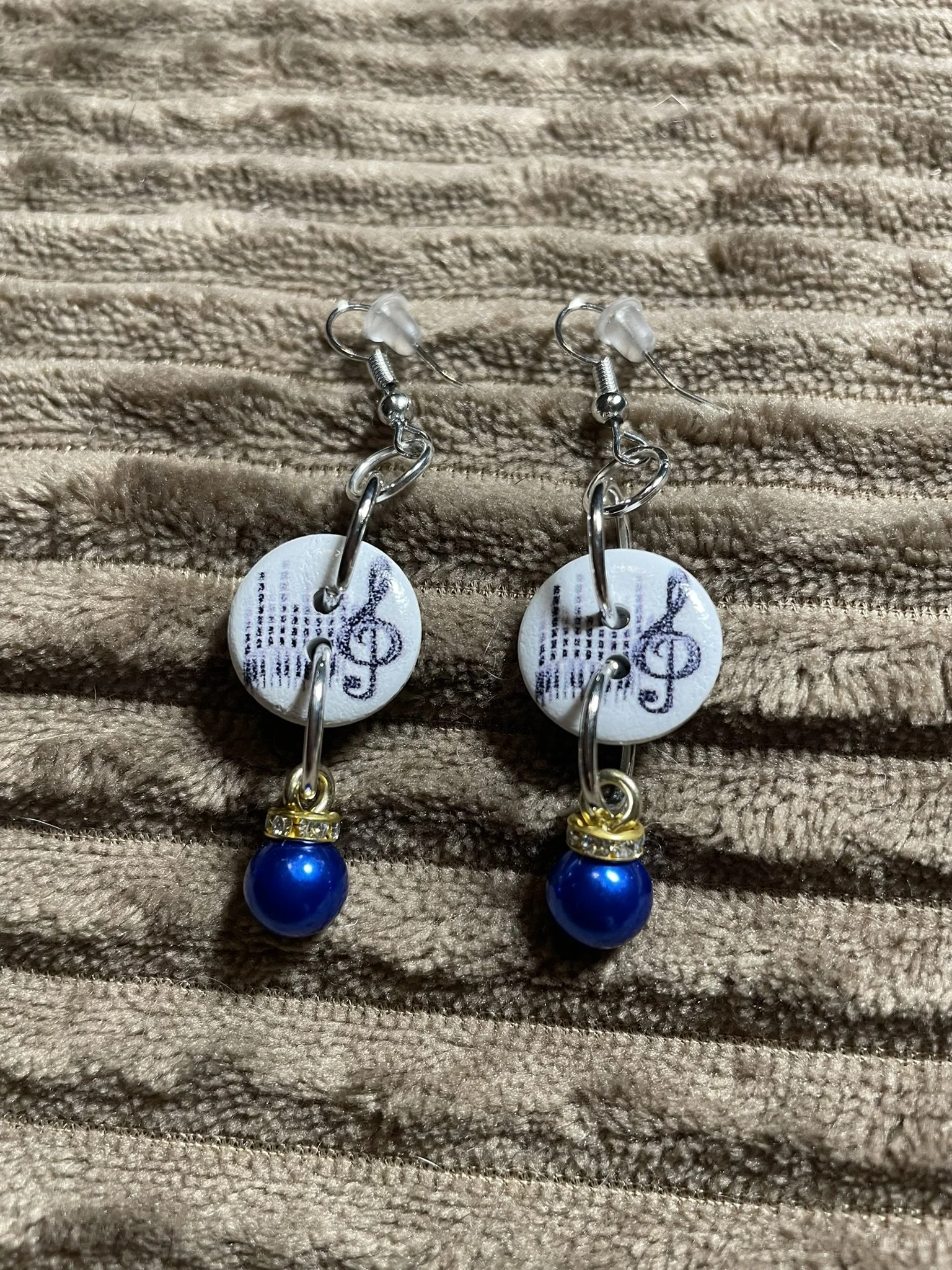 Earrings, Musical Wooden Buttons w/Royal Blue Charms