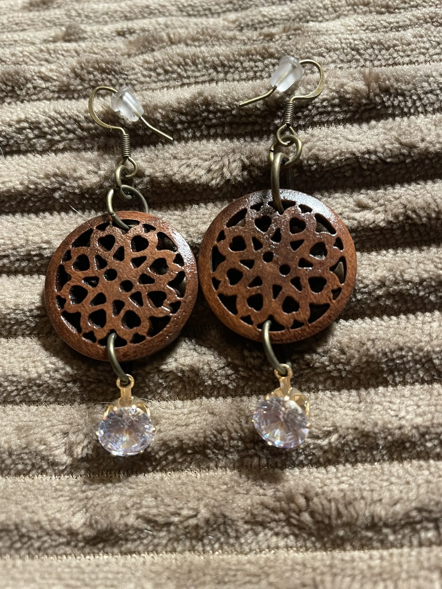 Earrings, Rustic Elegance Wooden w/Cubic Zirconia Charm